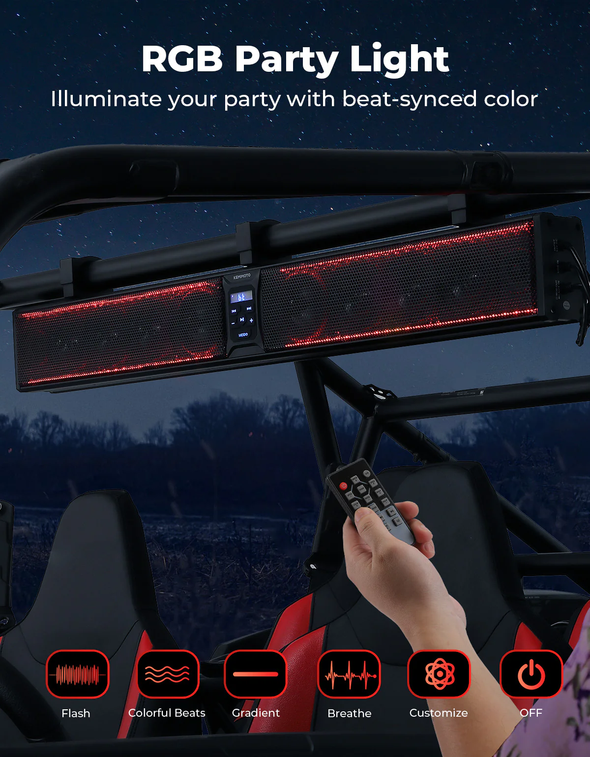 10 Speaker Aluminum RGB Sound Bar for UTV Golf Cart Marine with 1.25 in-2 in Roll Bar - Image 3