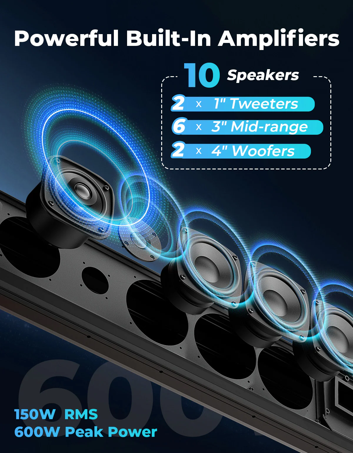 10 Speaker Aluminum RGB Sound Bar for UTV Golf Cart Marine with 1.25 in-2 in Roll Bar - Image 4