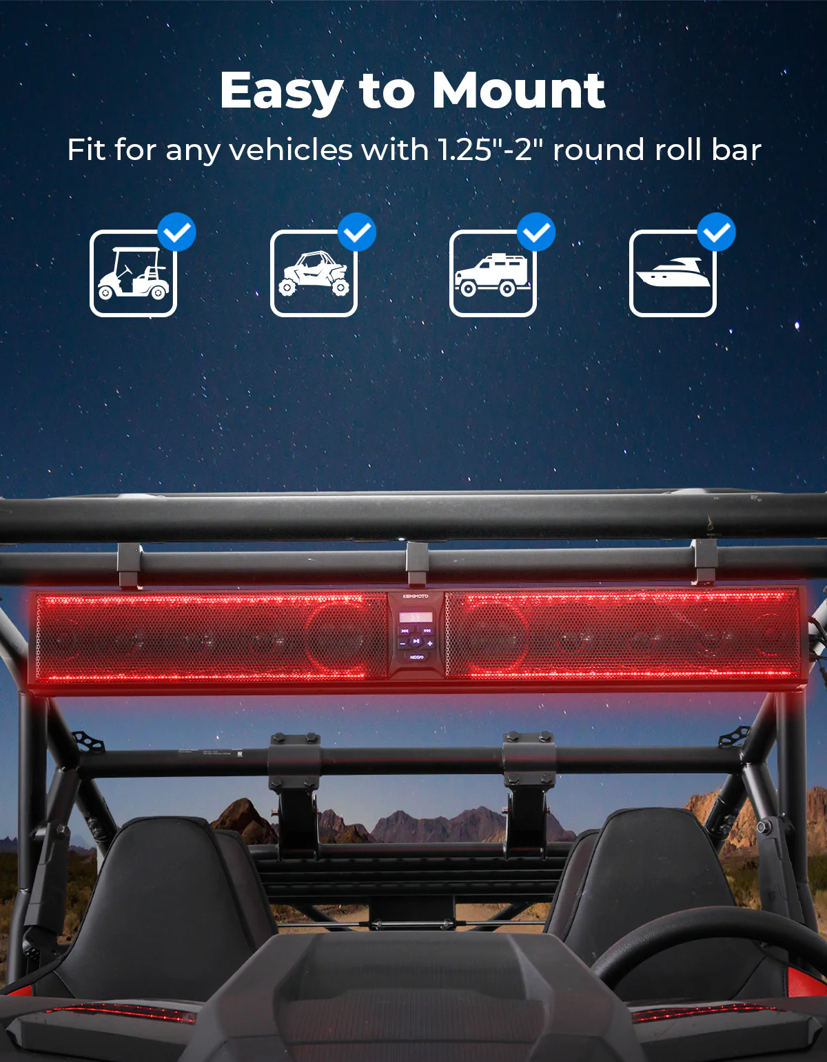 10 Speaker Aluminum RGB Sound Bar for UTV Golf Cart Marine with 1.25 in-2 in Roll Bar - Image 5