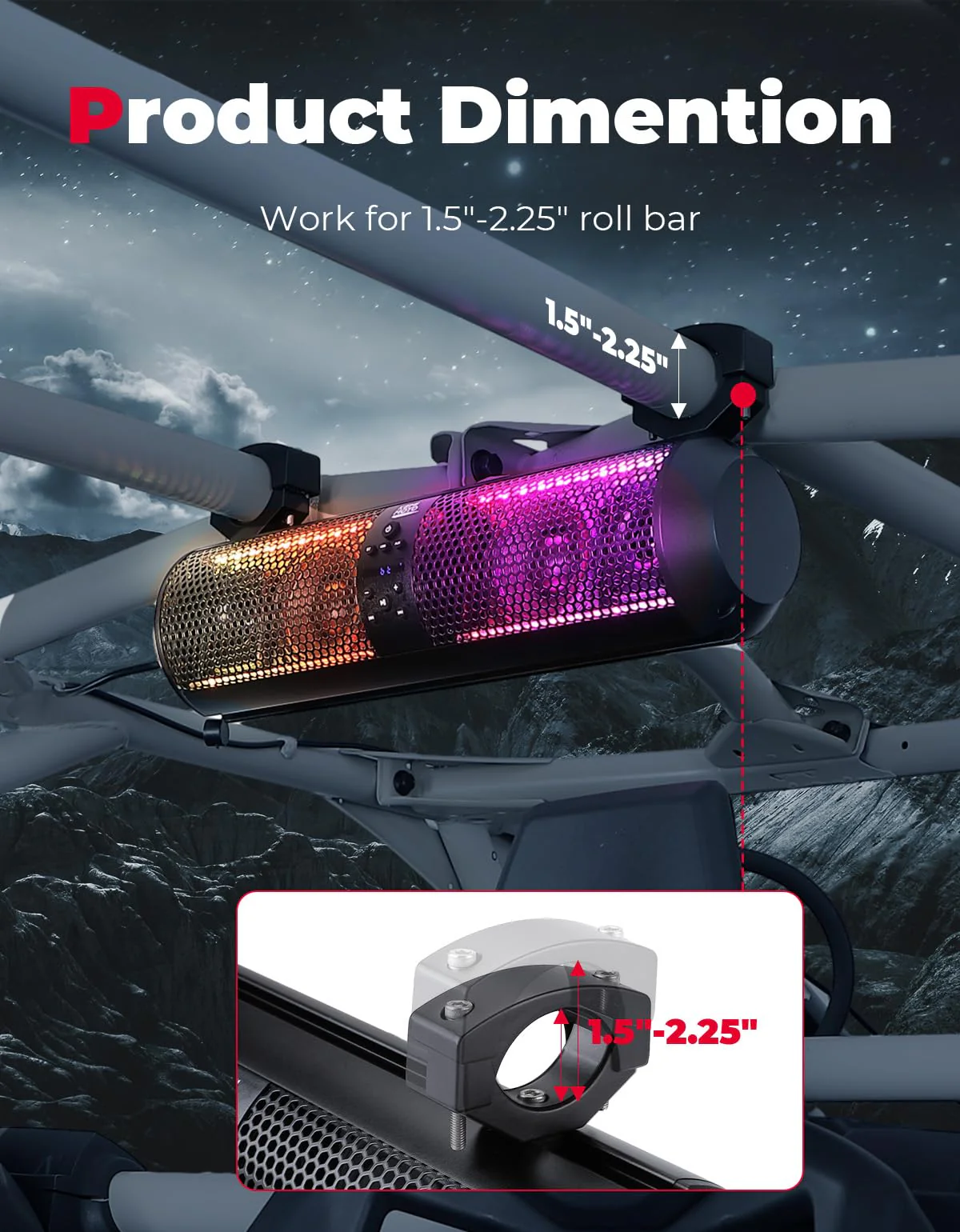 18" UTV Sound Bar RGB Bluetooth for Can Am Maverick X3/ RZR w/ 1.56"-2.25" Roll Bar - Image 6