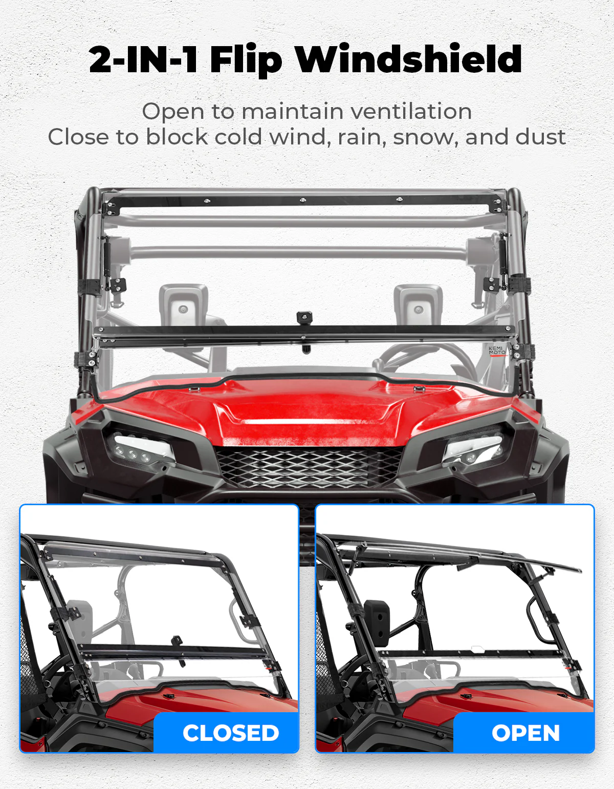 2-IN-1 Flip Windshield for Pioneer 1000 1000-5 1000-6 2016-2026 - Image 2