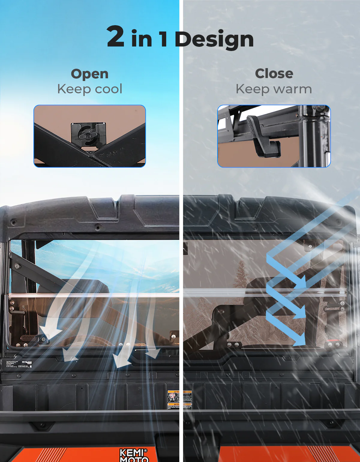 2-IN-1 Foldable Vented Rear Window for Polaris Ranger XP 1000/Crew 2017-2026 - Image 5
