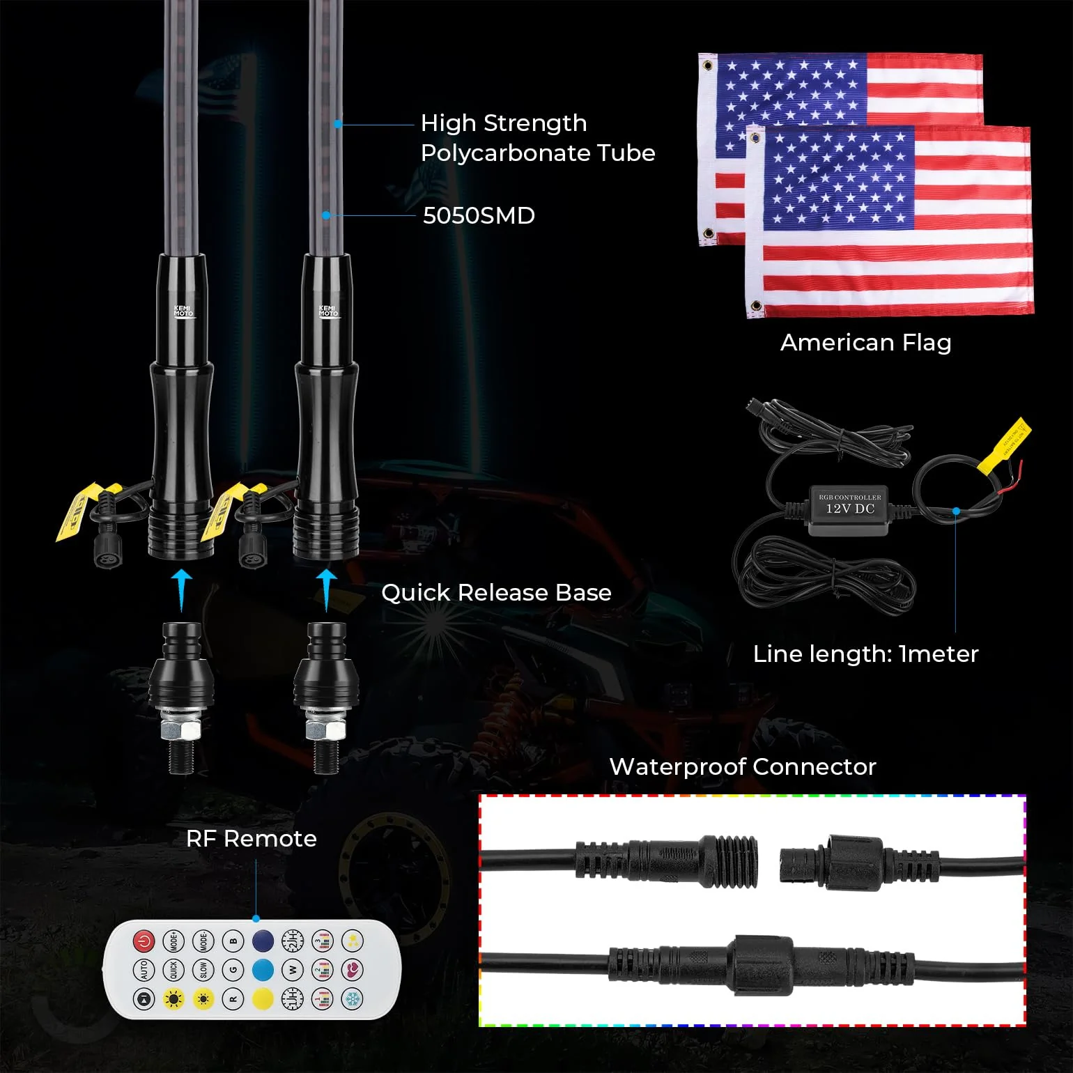 3FT Black Limited LED Whip Light with RF Remote Control 2pcs - Image 7