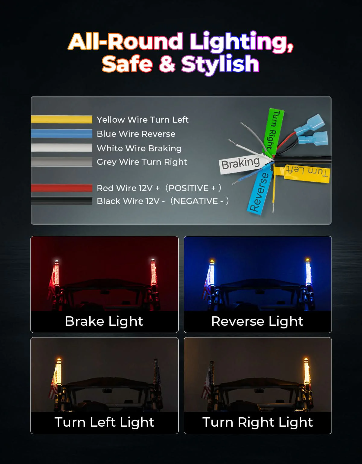 2PCS 2FT LED Whip Lights RGB Spiral Chasing for UTV ATV Can-Am Polaris - Image 6