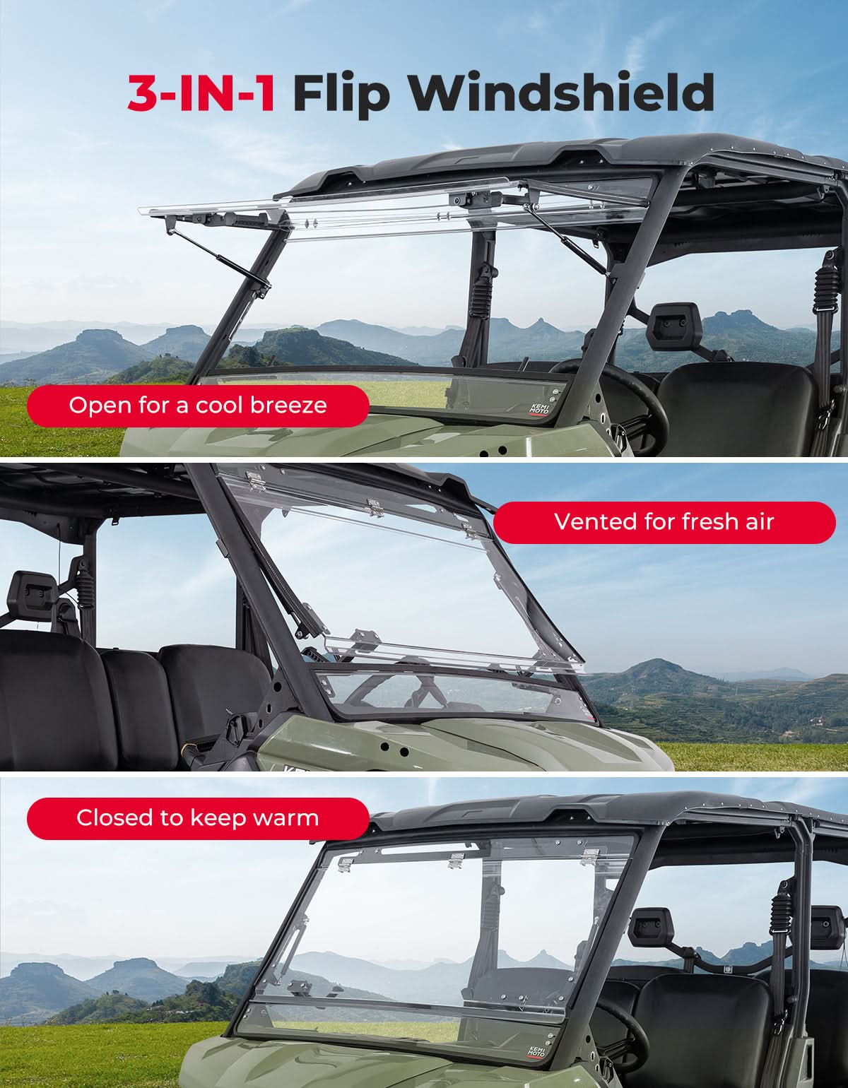 3-in-1 Flip Scratch-Resistant Windshield for Can-Am Defender & Defender Max HD5/HD8/HD10 - Image 3