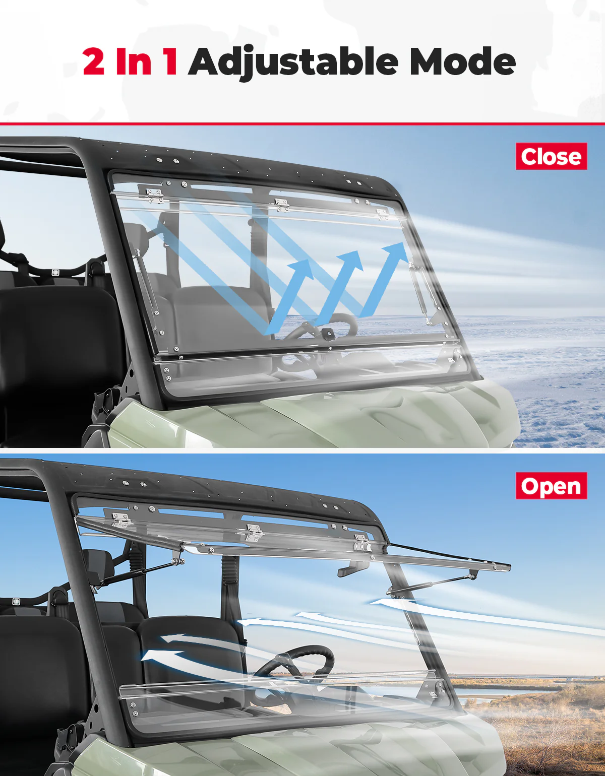 2-in-1 Flip Windshield 1/5" Thick Polycarbonate for Can-Am Defender HD5/8/10 - Image 2