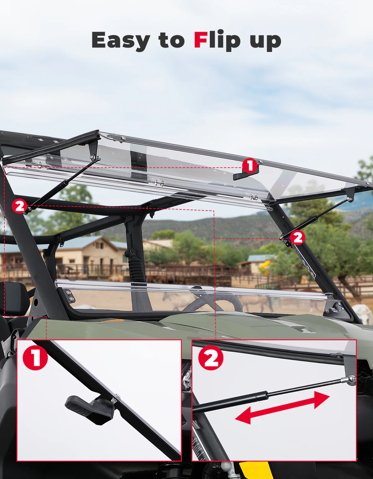 2-in-1 Flip Windshield 1/5" Thick Polycarbonate for Can-Am Defender HD5/8/10 - Image 6