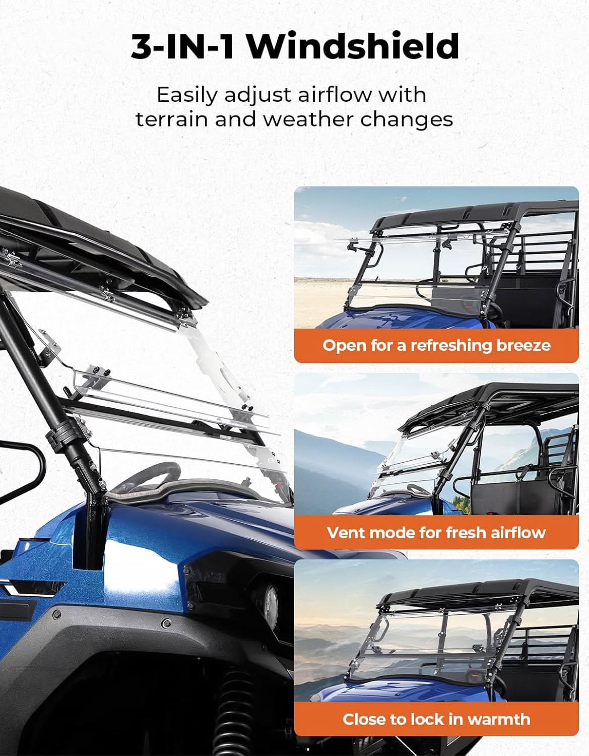 3-in-1 Flip Windshield For Kawasaki Mule Pro FXT - Image 2