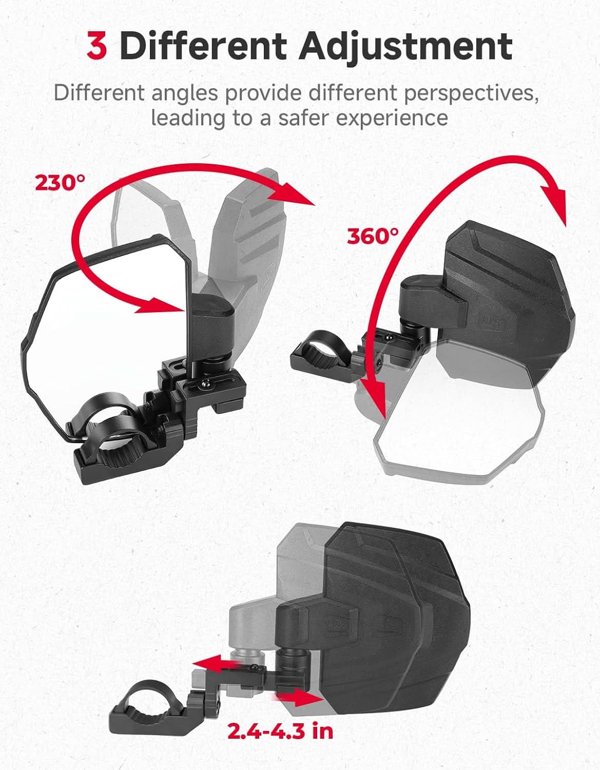 3 in 1 Large Side Mirrors Fit in 1.65-2" Roll-Bar For RZR|X3|Pioneer|Uforce - Image 3