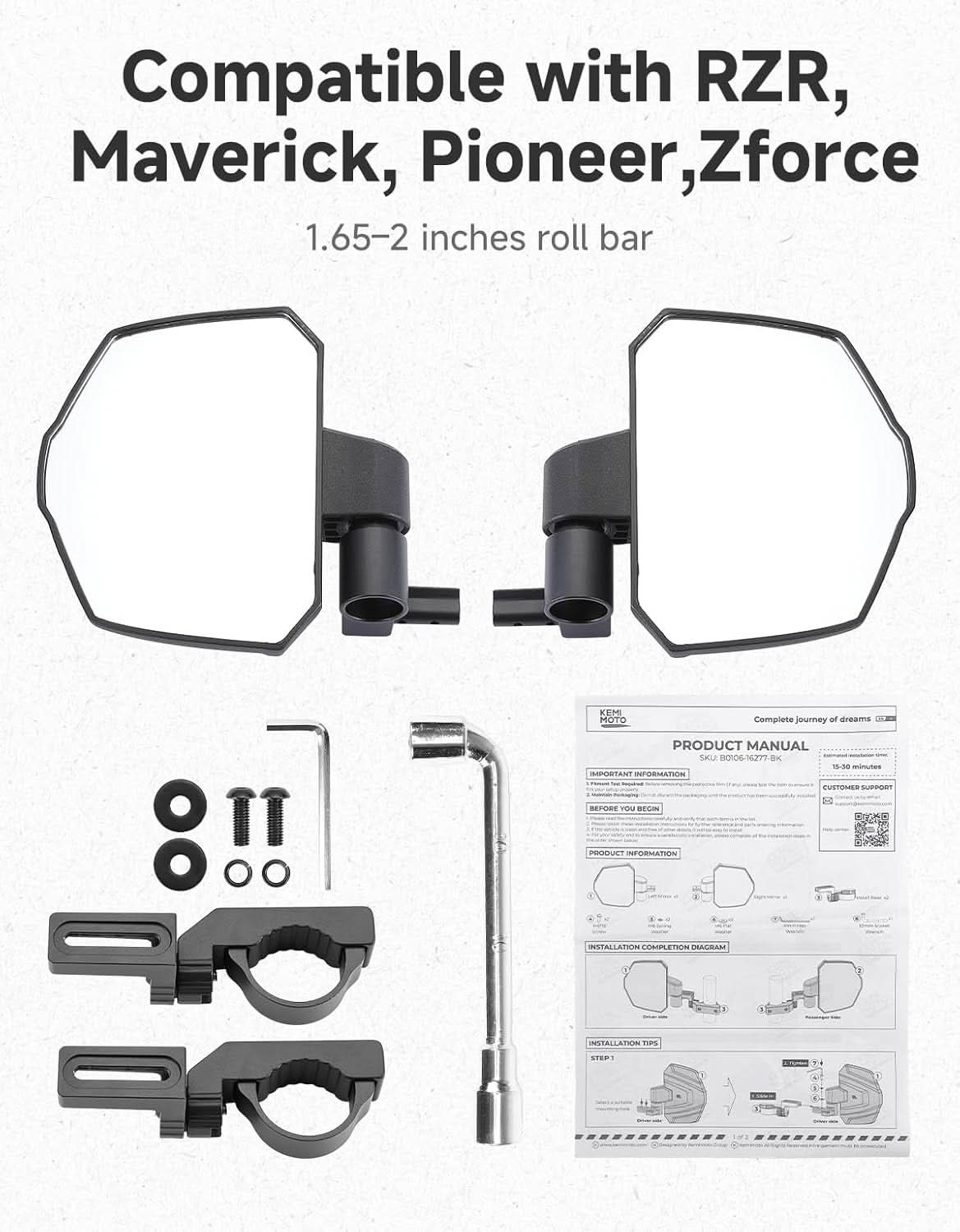 3 in 1 Large Side Mirrors Fit in 1.65-2" Roll-Bar For RZR|X3|Pioneer|Uforce - Image 6
