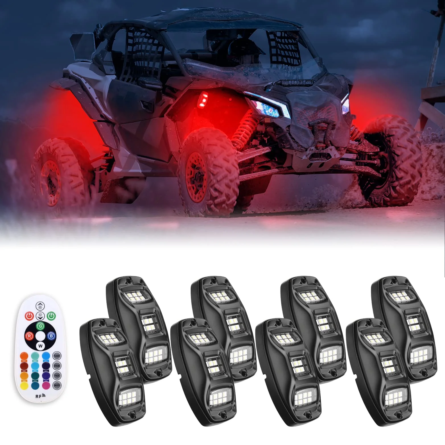 3FT COB Whip Lights & RGB Rock Light Kit for UTV ATV Jeep - Image 3