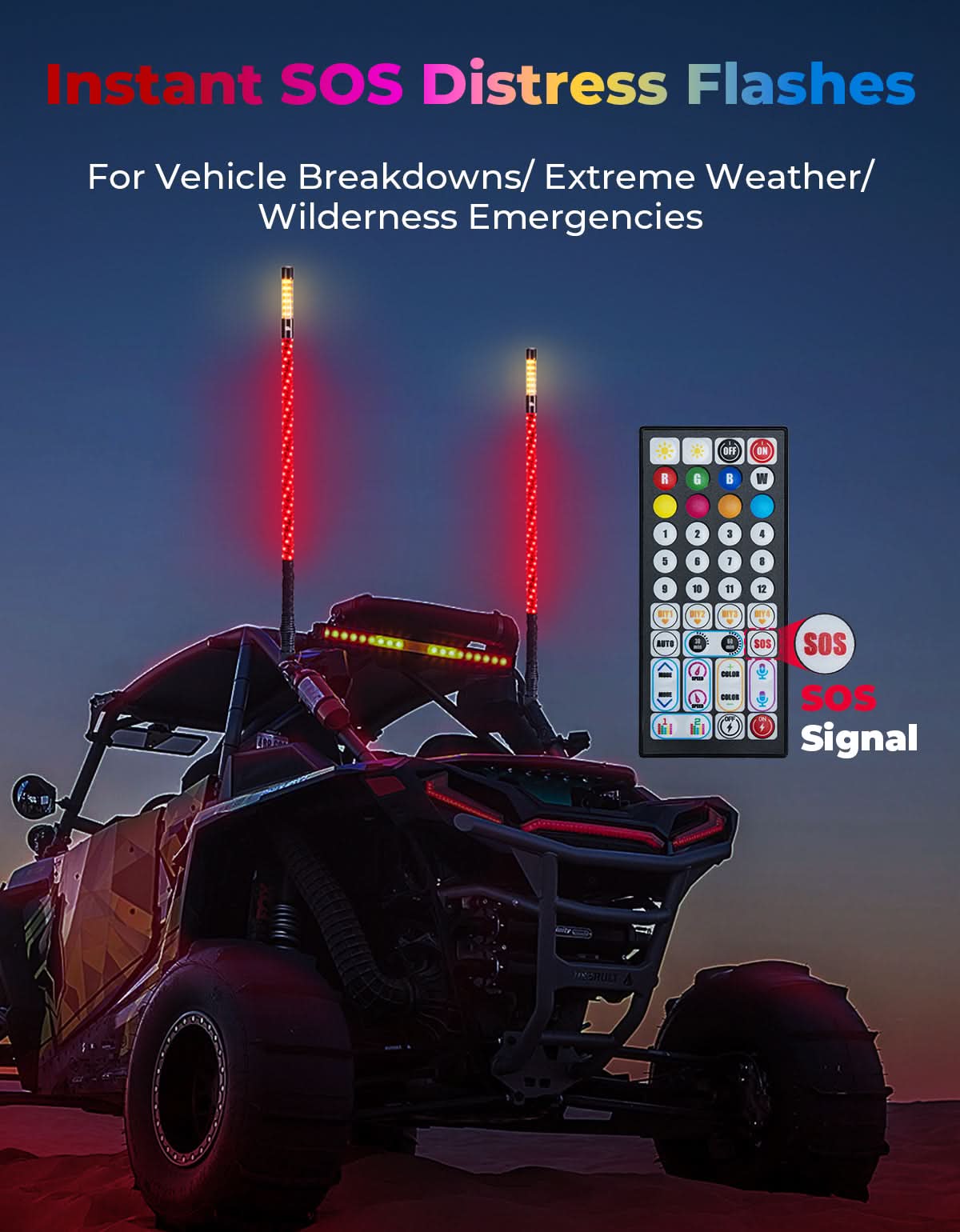 3FT LED Whip Lights 2PCS with Strobe & SOS Modes, Bluetooth App Control for Polaris RZR & Can-Am X3 - Image 4