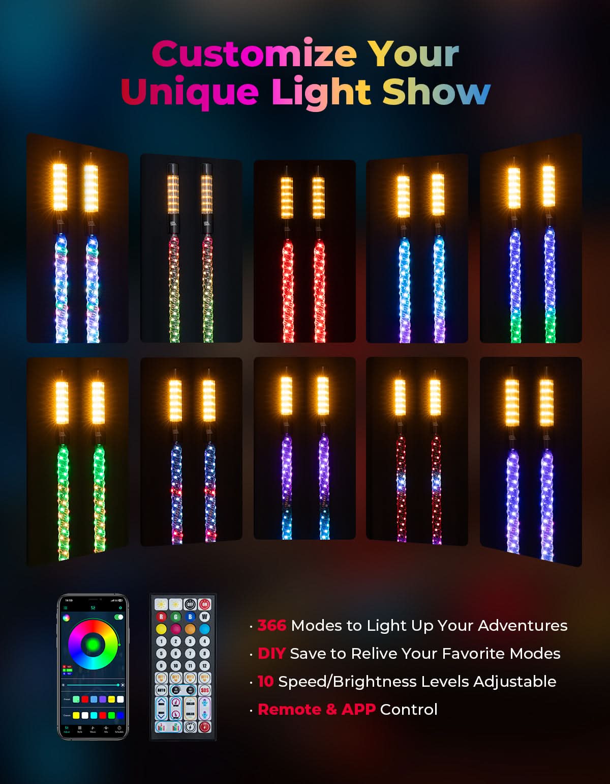 3FT LED Whip Lights 2PCS with Strobe & SOS Modes, Bluetooth App Control for Polaris RZR & Can-Am X3 - Image 5