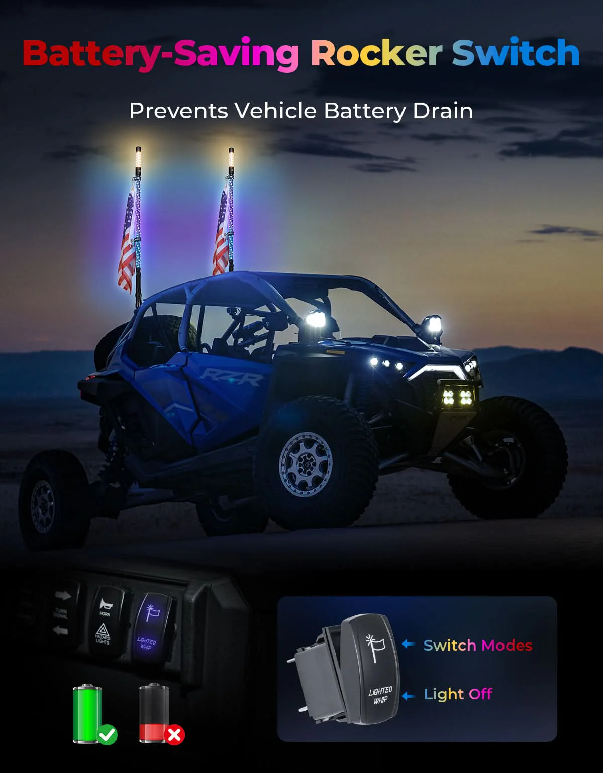 3FT LED Whip Lights 2PCS with Strobe & SOS Modes, Bluetooth App Control for Polaris RZR & Can-Am X3 - Image 7