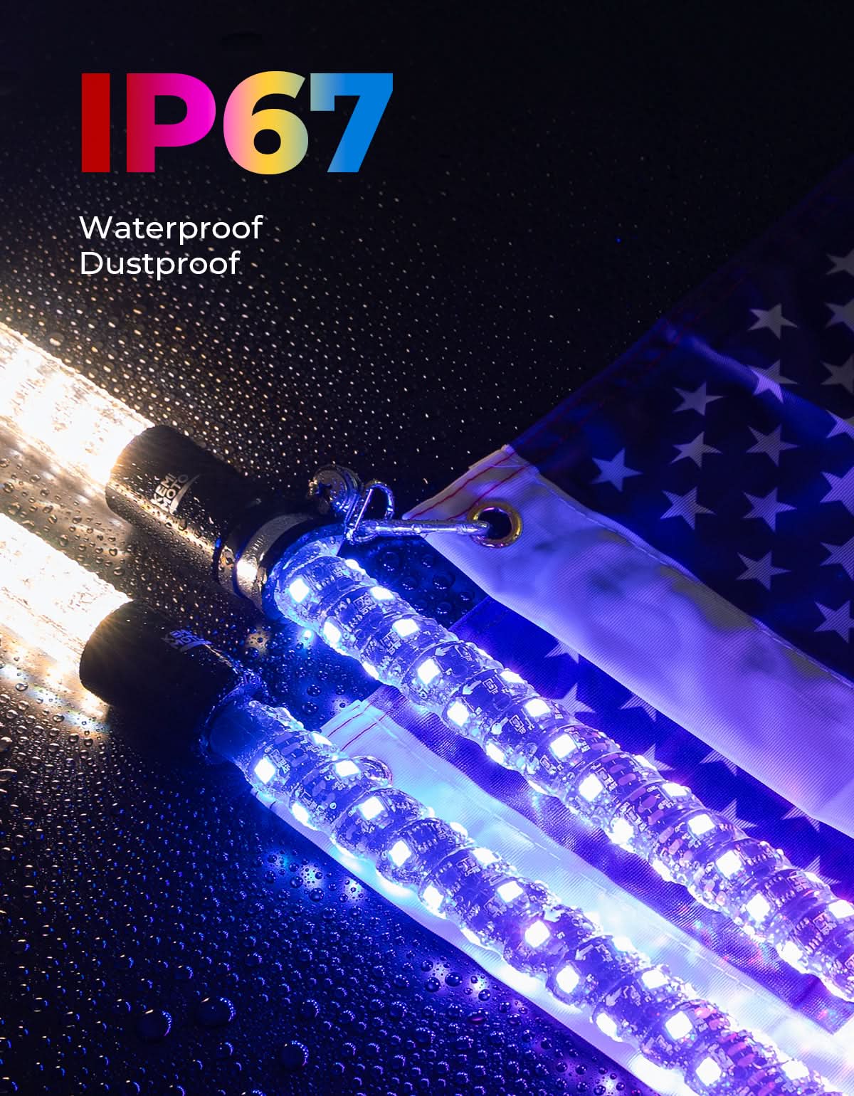 3FT LED Whip Lights 2PCS with Strobe & SOS Modes, Bluetooth App Control for Polaris RZR & Can-Am X3 - Image 8