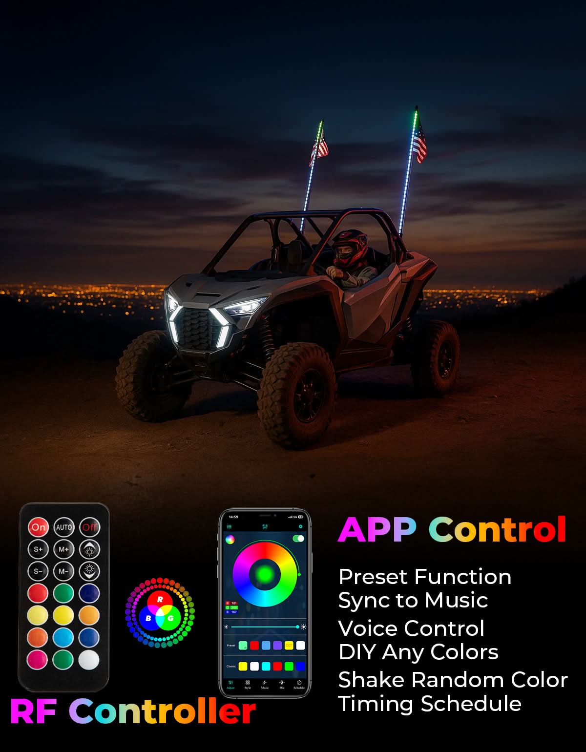 UTV LED Whip Lights 3FT (2PCS) – APP Control, Signal Sync, Spring Base – Fits Maverick X3, Polaris RZR, Talon - Image 2