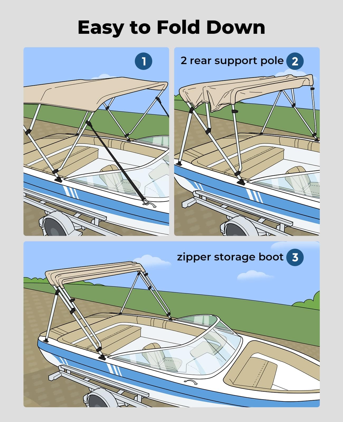 4 Bow Bimini Top Foldable 67''-96'' Width for Boat - Image 6