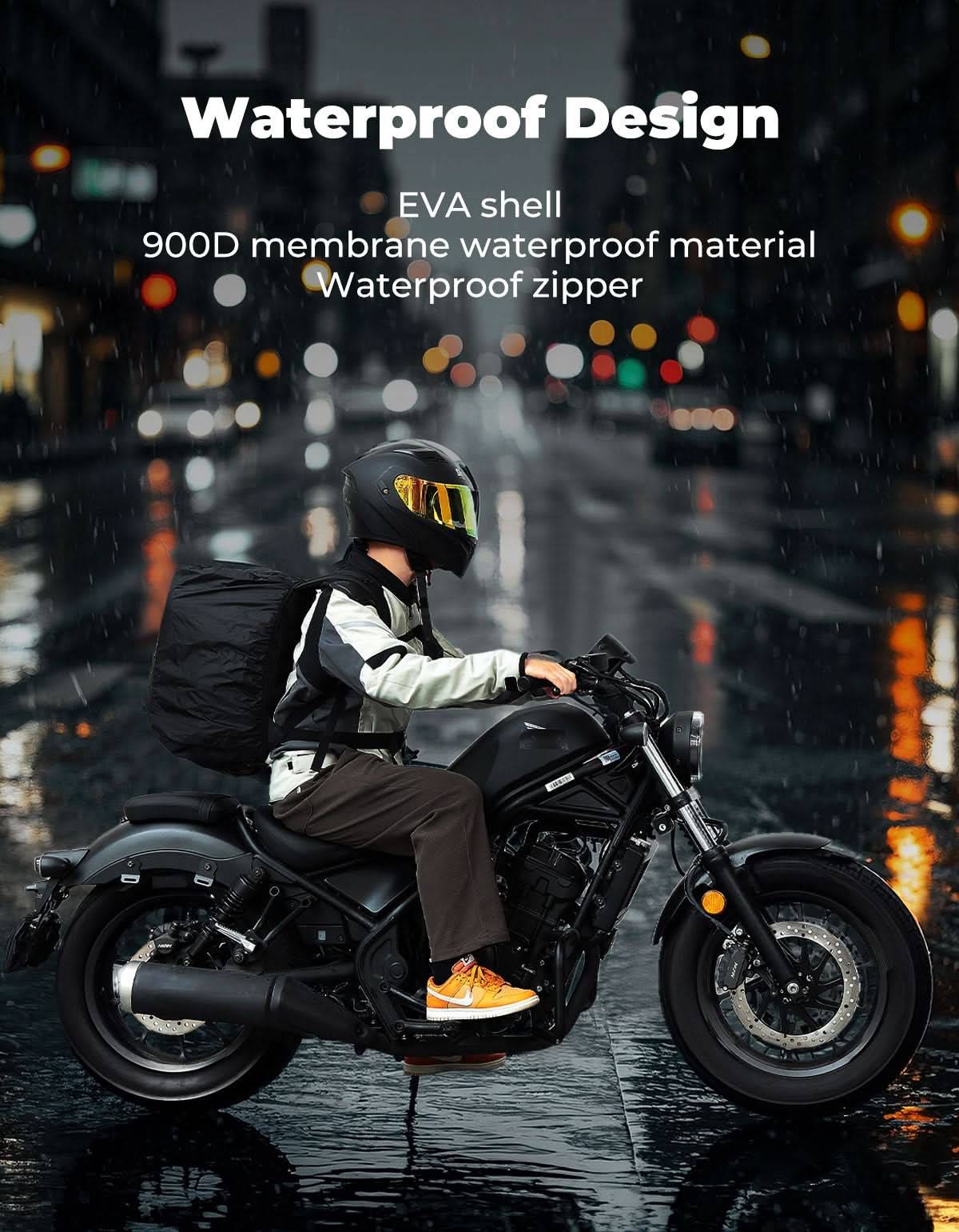40L Waterproof Motorcycle Helmet Backpack, Hard Shell, USB Port - Image 3