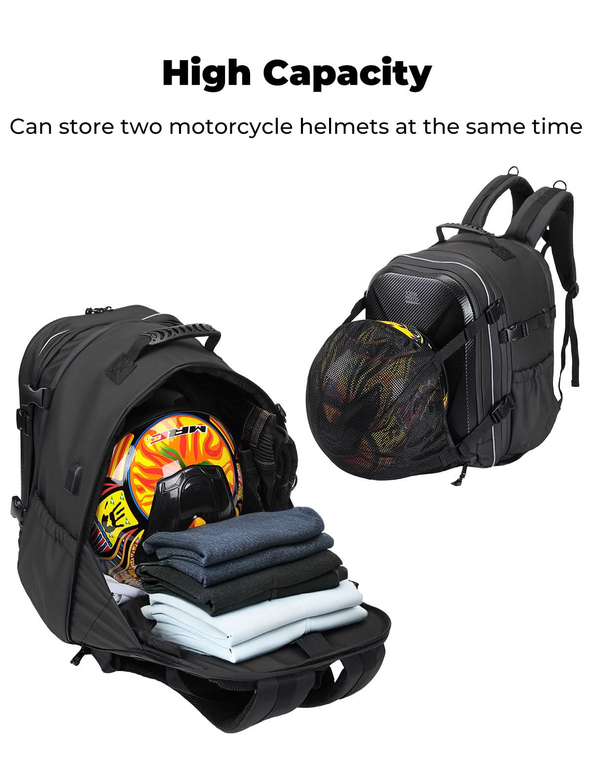 40L Waterproof Motorcycle Helmet Backpack, Hard Shell, USB Port - Image 4
