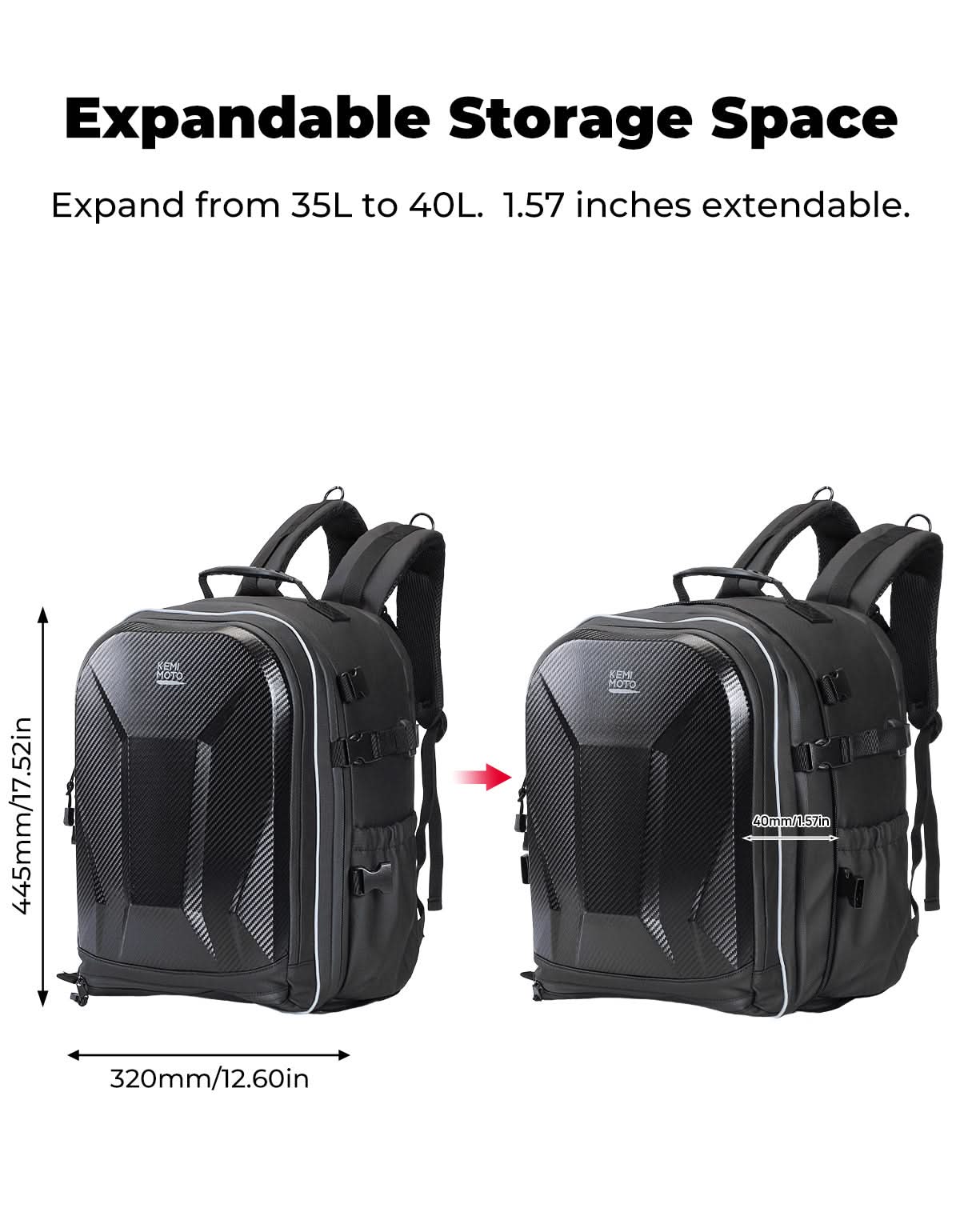 40L Waterproof Motorcycle Helmet Backpack, Hard Shell, USB Port - Image 5