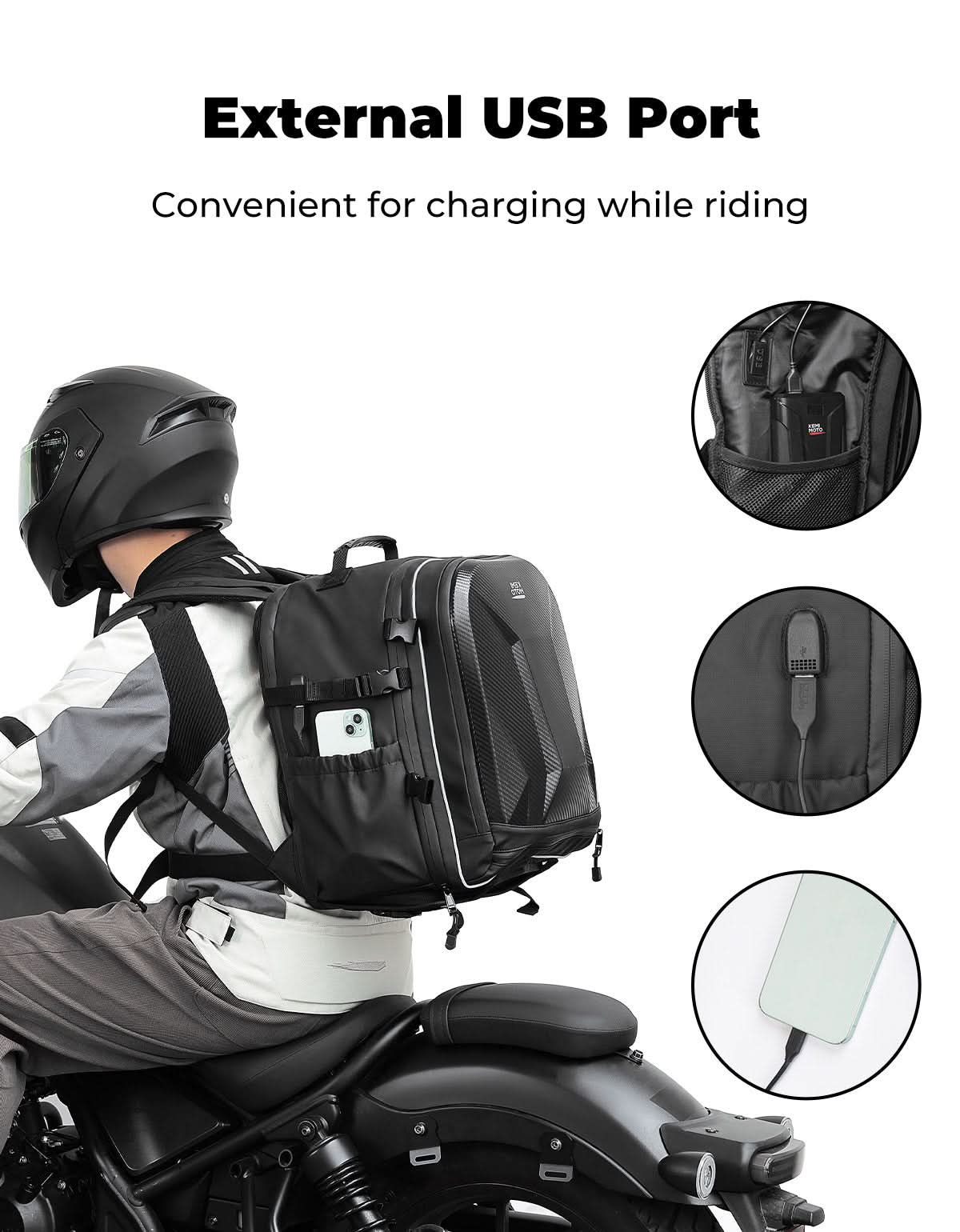 40L Waterproof Motorcycle Helmet Backpack, Hard Shell, USB Port - Image 6
