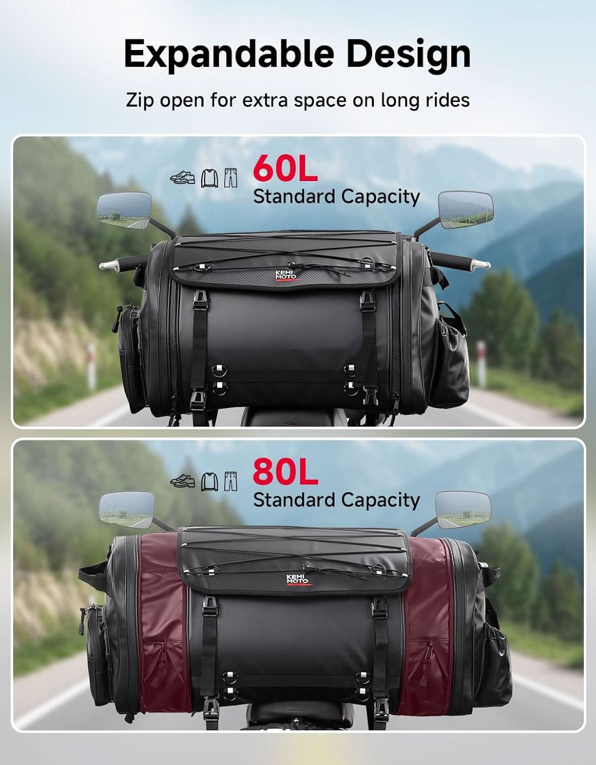 60–80L Expandable Tail Bag For Motorcycle Travel - Image 2