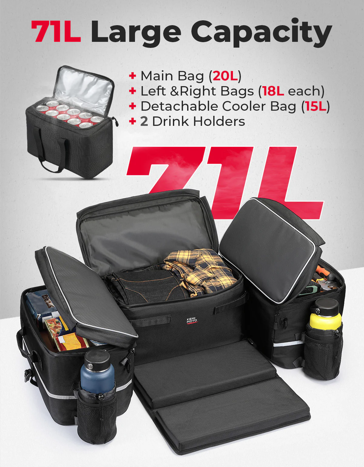 71L ATV Rear Seat Storage Bag with Cooler & Removable Cushion for Polaris, Can-Am - Image 3