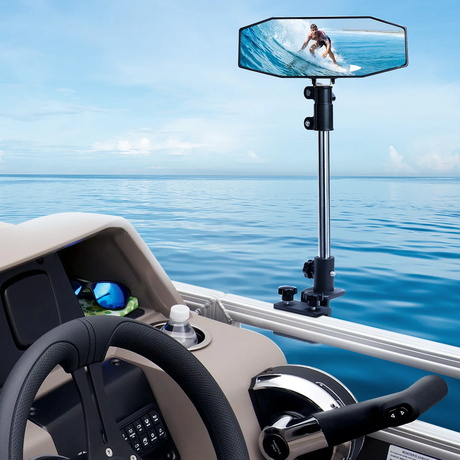 "10.5" x 4" Adjustable Marine Rearview Mirror with Telescoping Pole for Pontoon & Ski Boats - Image 2