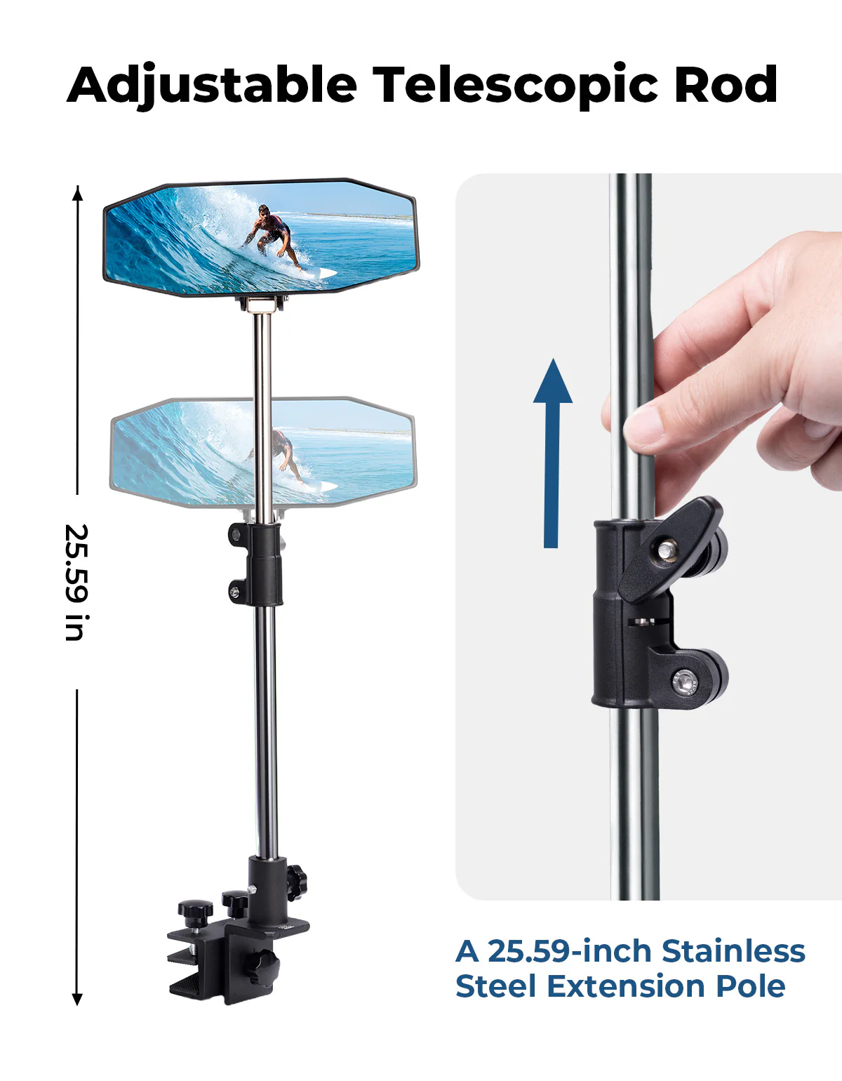 "10.5" x 4" Adjustable Marine Rearview Mirror with Telescoping Pole for Pontoon & Ski Boats - Image 6