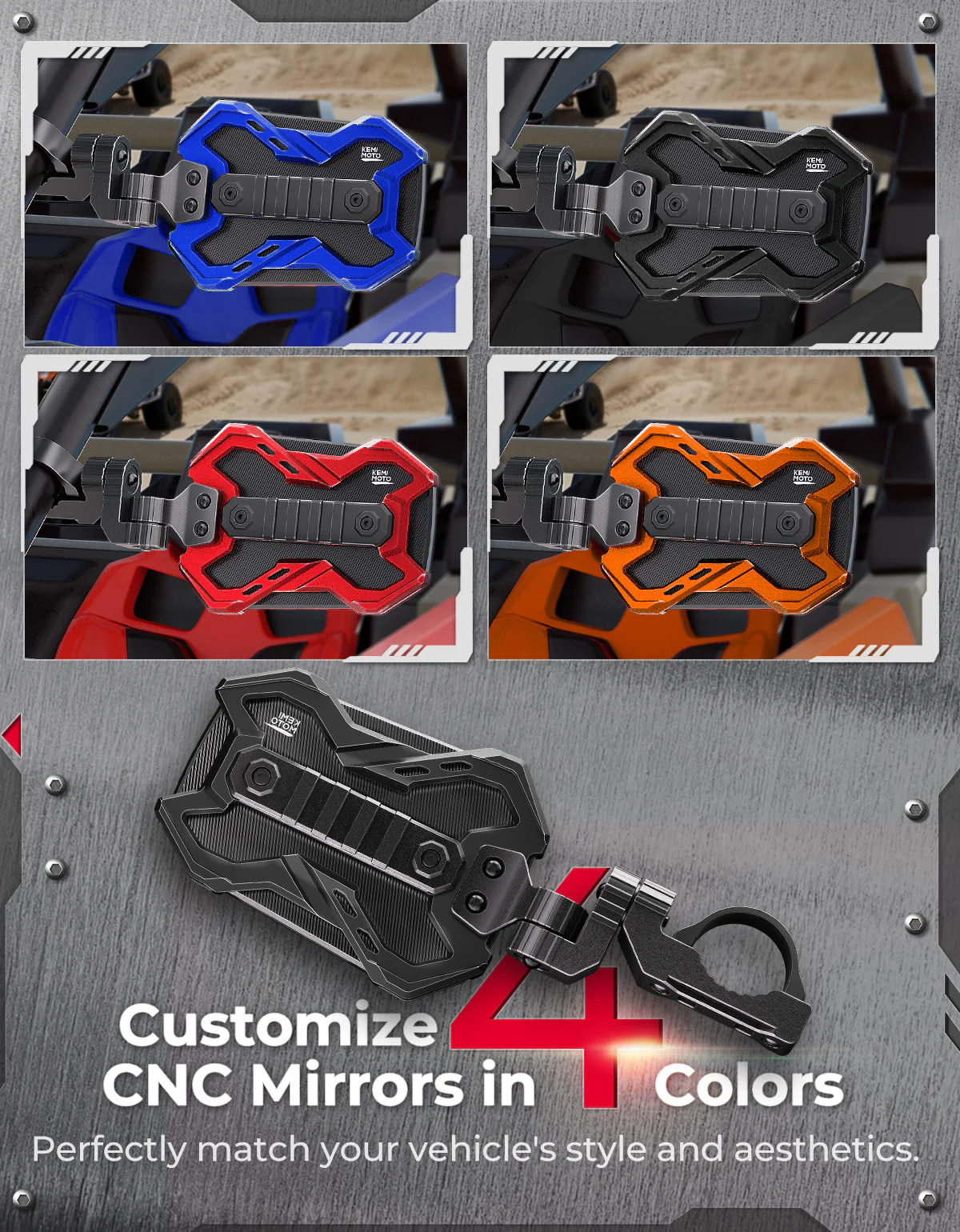 CNC UTV Mirror X w/Integrated light mount for 1.65-2 Inch Roll Bar (1 Pair) - Image 2