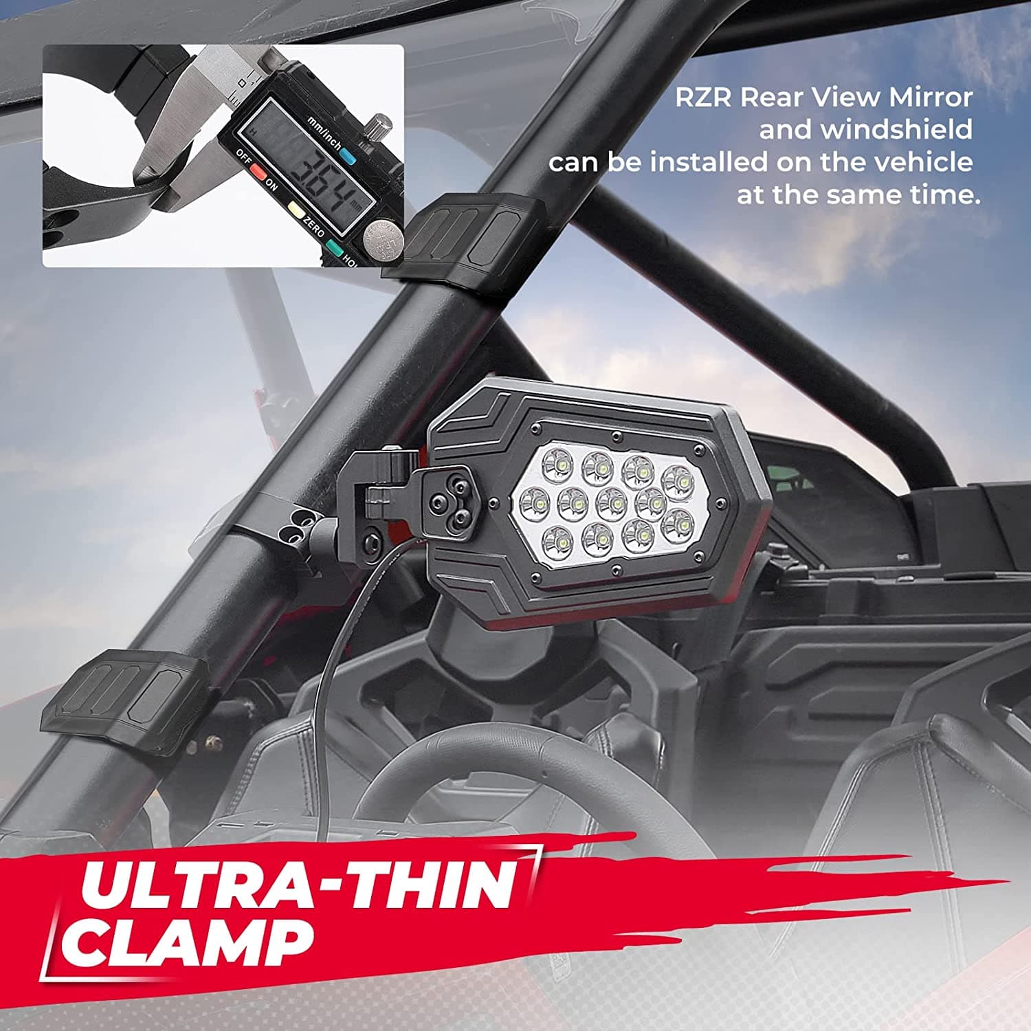 Aluminum UTV Side Mirrors Lights for Can Am Maverick X3/ RZR w/ 1.75"-2" Roll Bar - Image 3