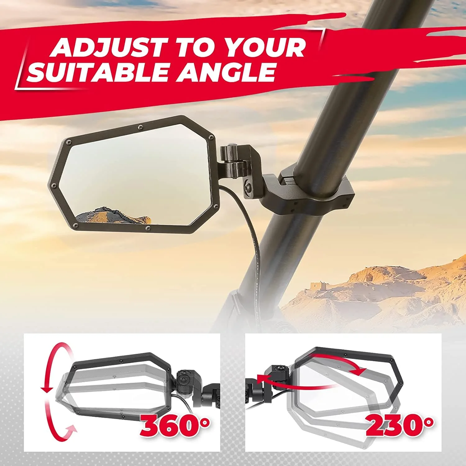 Aluminum UTV Side Mirrors Lights for Can Am Maverick X3/ RZR w/ 1.75"-2" Roll Bar - Image 7