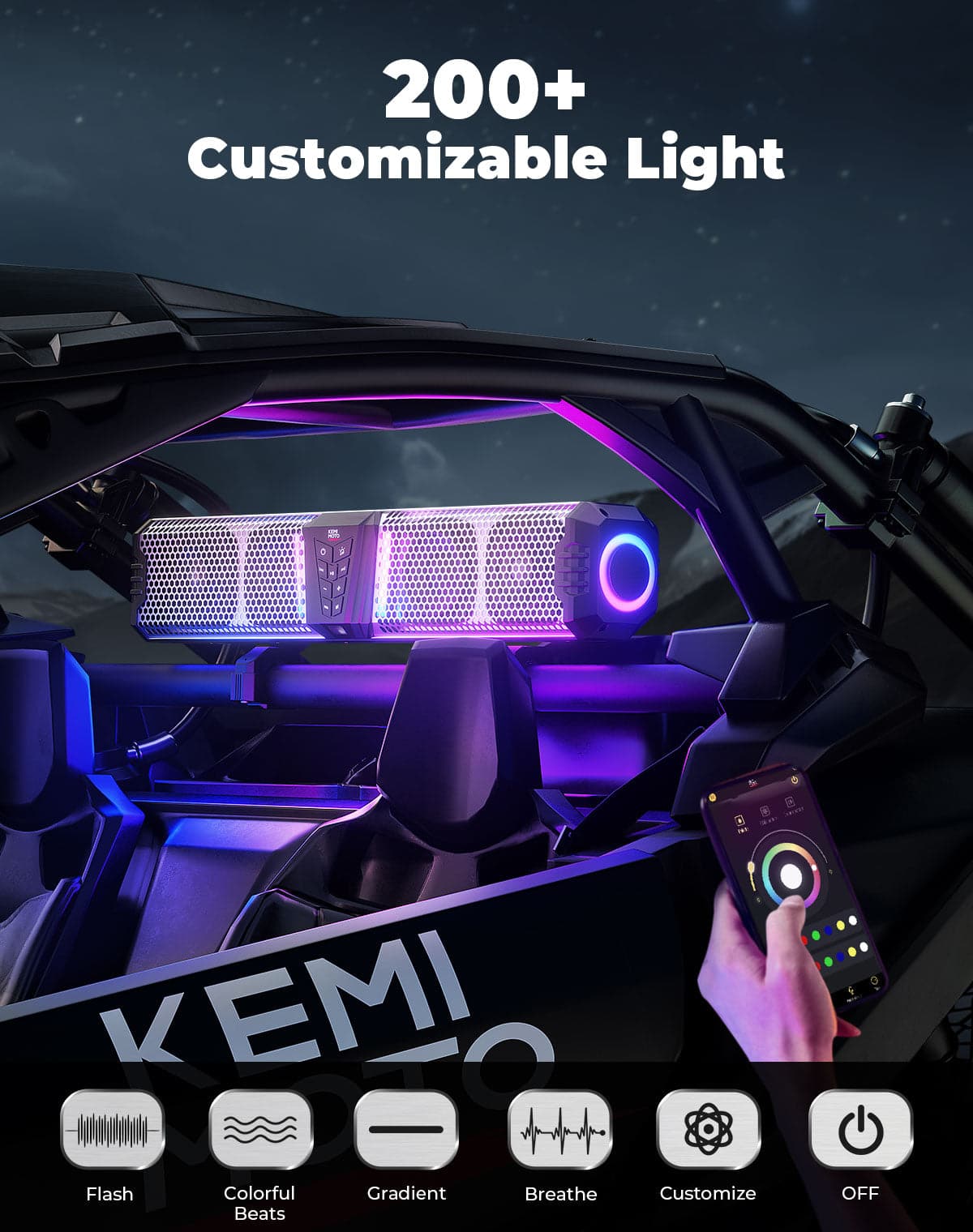 KEMIMOTO Midnight S60 26" RGB UTV Sound Bar for Golf Cart Marine 1"-2" Roll Bar - Image 3