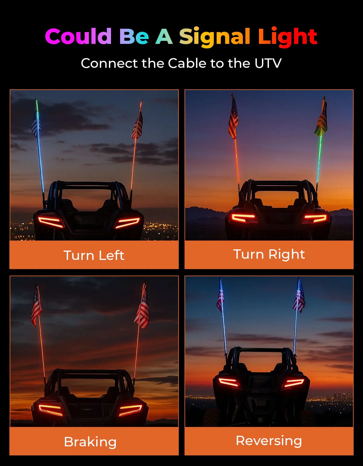 LED Whip Lights (2PCS) – APP Controlled with Turn/Brake/Reverse Signal Sync, Spring Mount – For UTV/ATV - Image 4