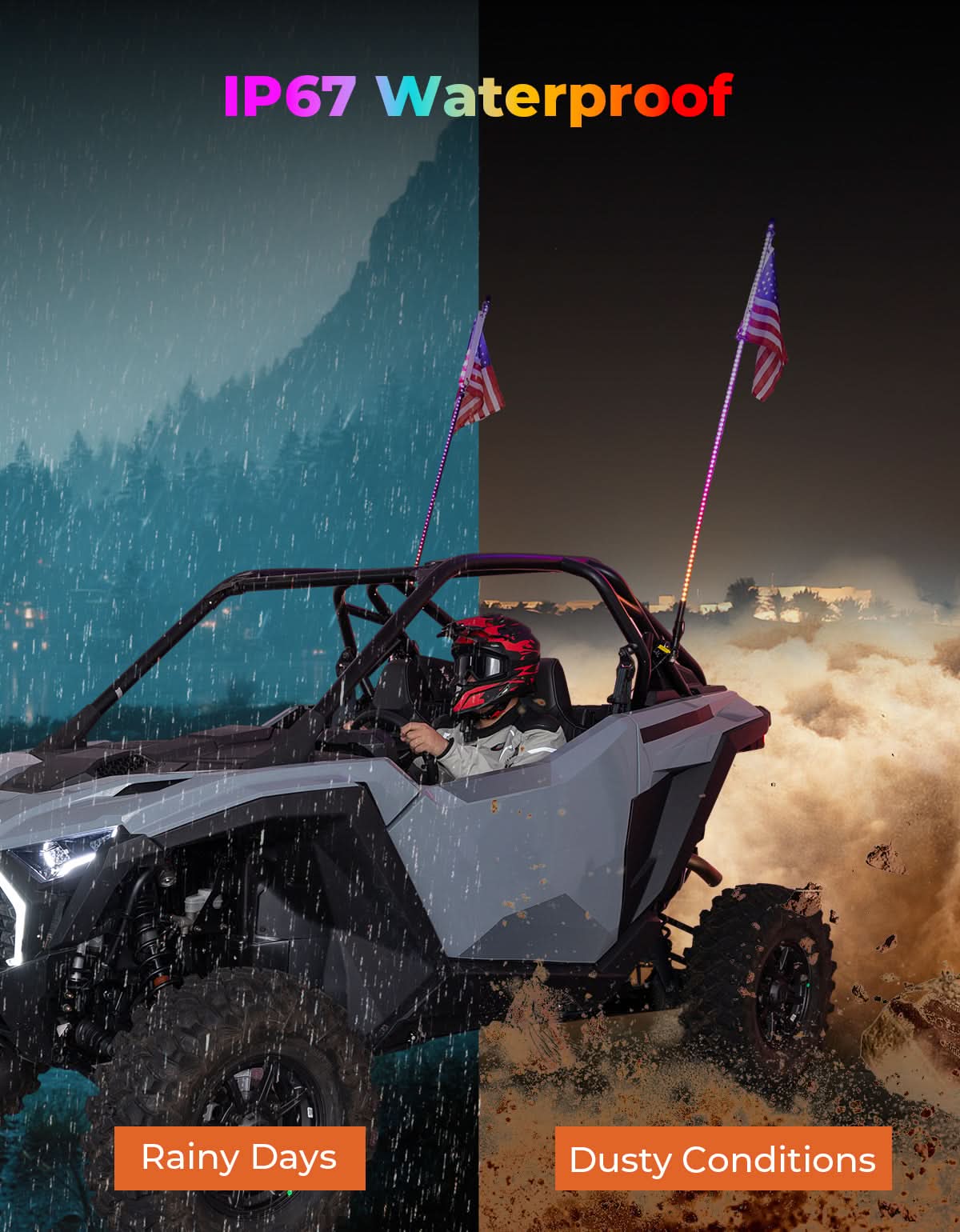LED Whip Lights (2PCS) – APP Controlled with Turn/Brake/Reverse Signal Sync, Spring Mount – For UTV/ATV - Image 6
