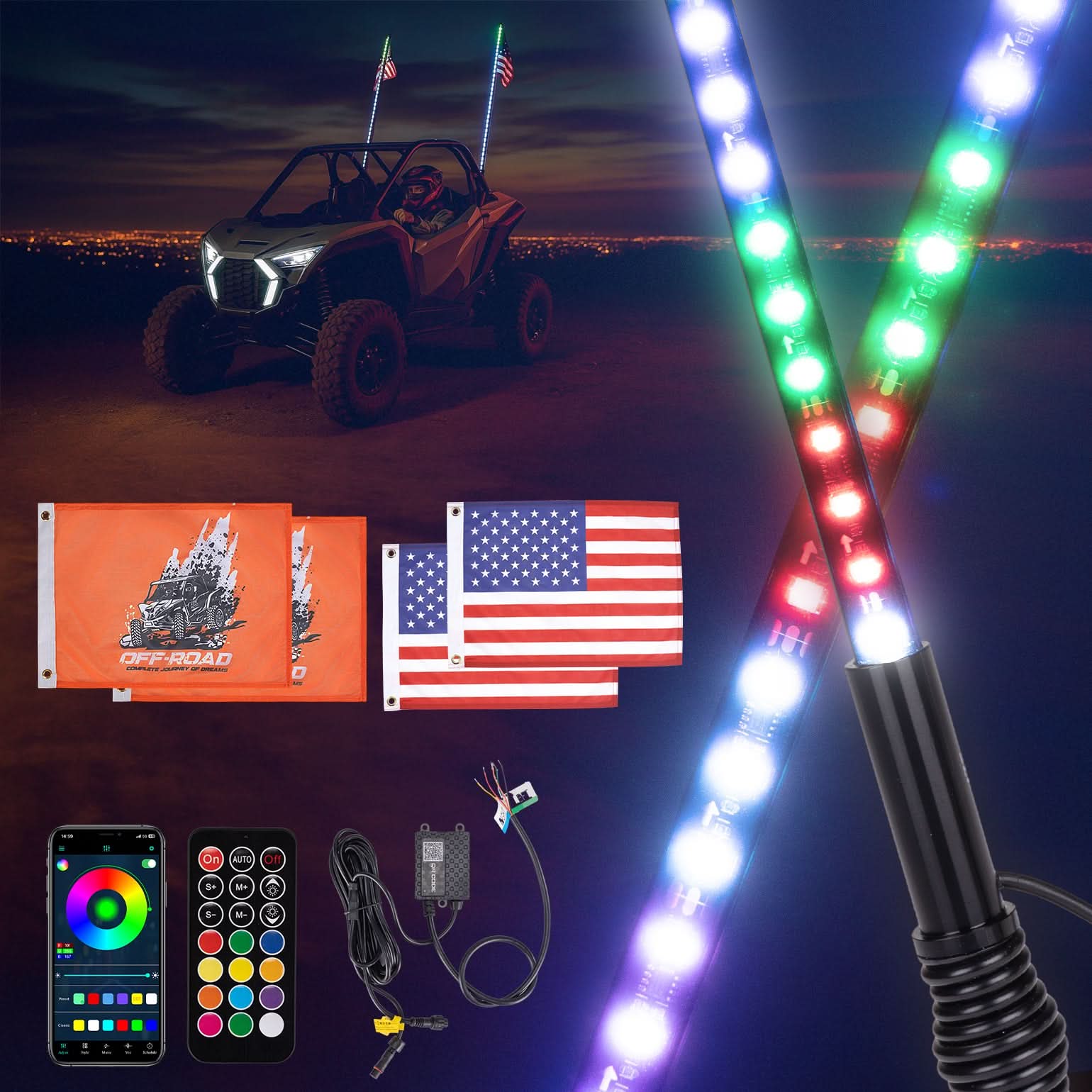 LED Whip Lights (2PCS) – APP Controlled with Turn/Brake/Reverse Signal Sync, Spring Mount – For UTV/ATV - Image 7