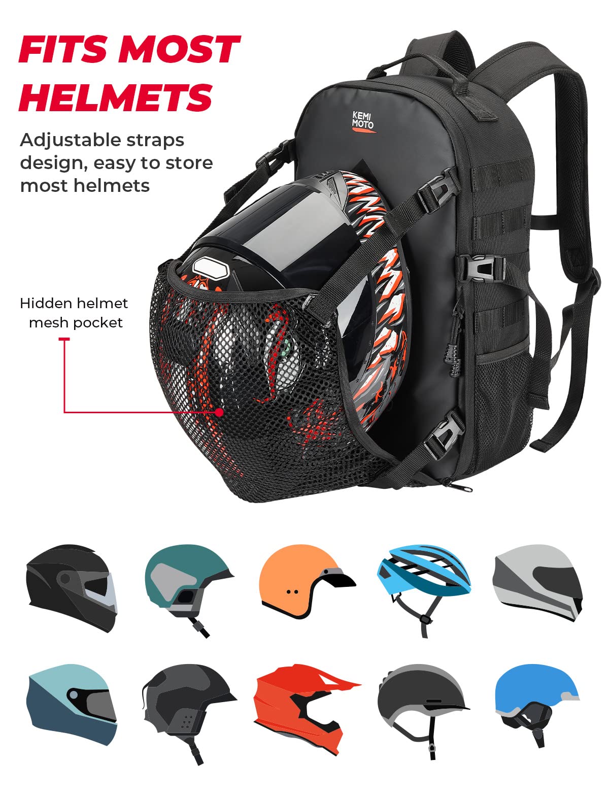 20L Motorcycle Helmet Backpack with Hidden Helmet Net - Image 3