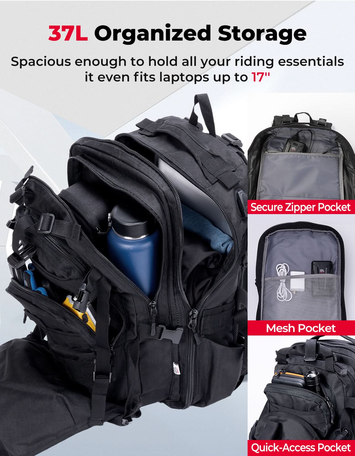37L Motorcycle Helmet Backpack with USB-charge Port - Image 3