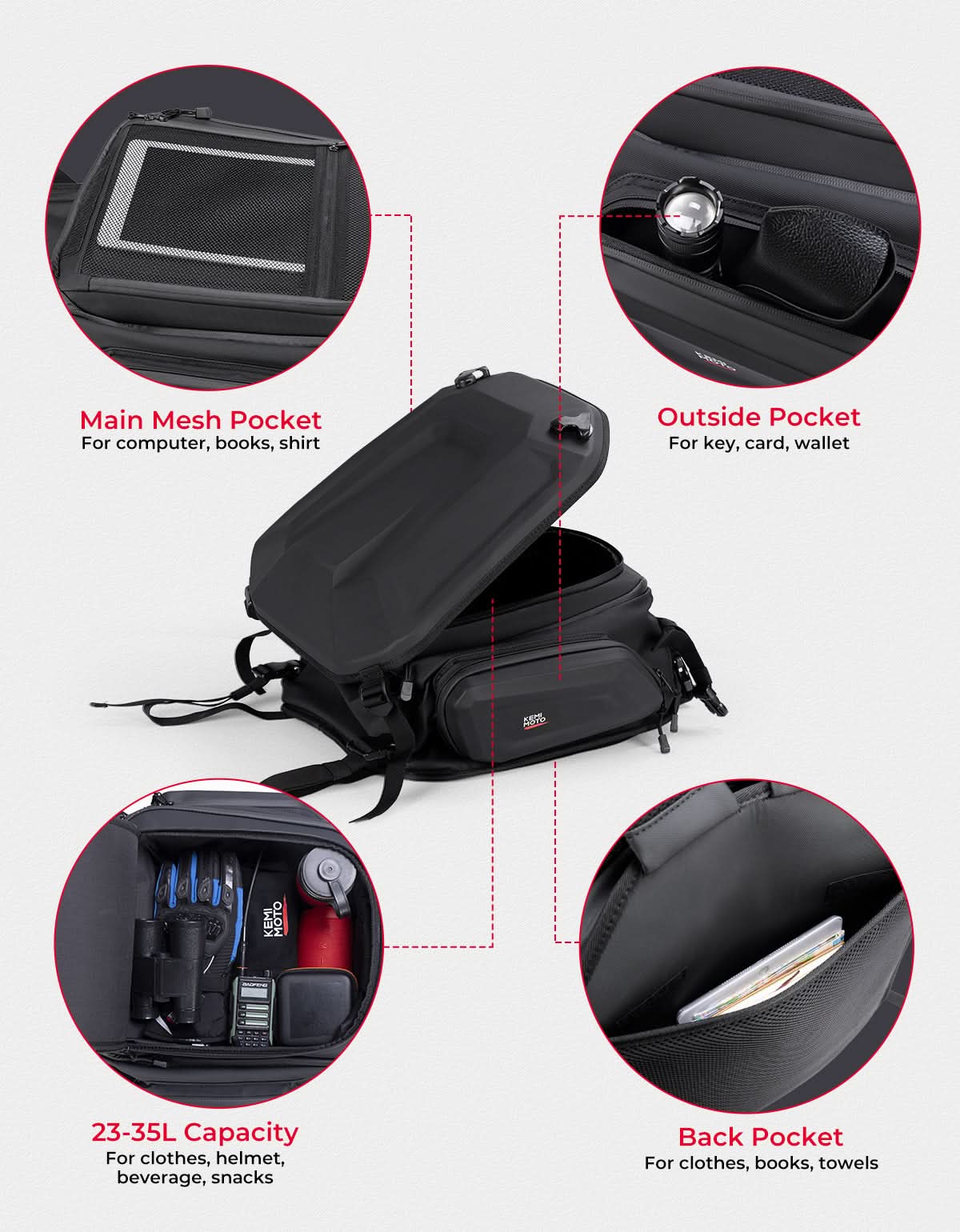 Motorcycle Hard Shell Tail Bag 23-35L Expandable Waterproof - Image 4