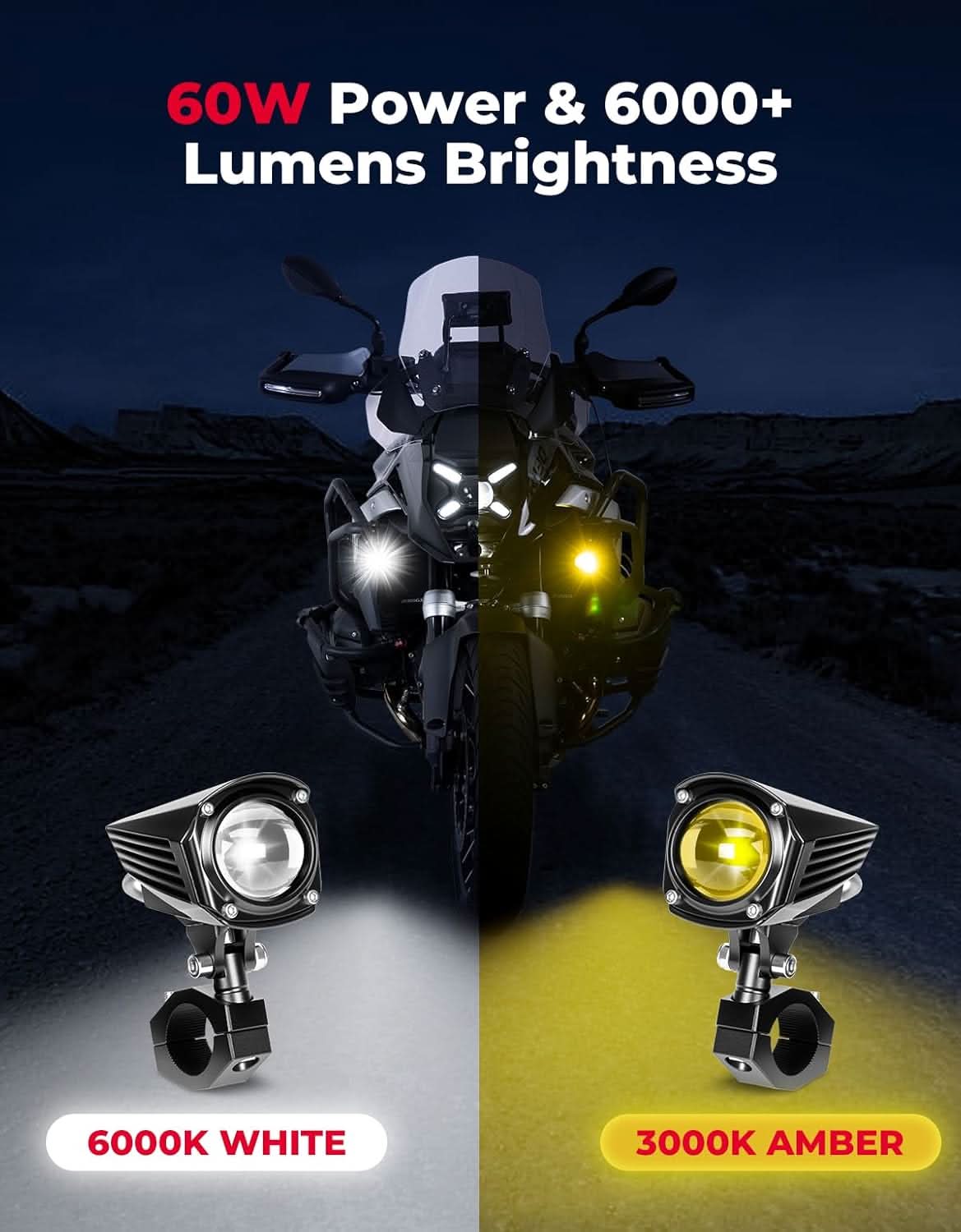 Motorcycle LED Auxiliary Spotlight 60W Dual-Color IP67 - Image 2