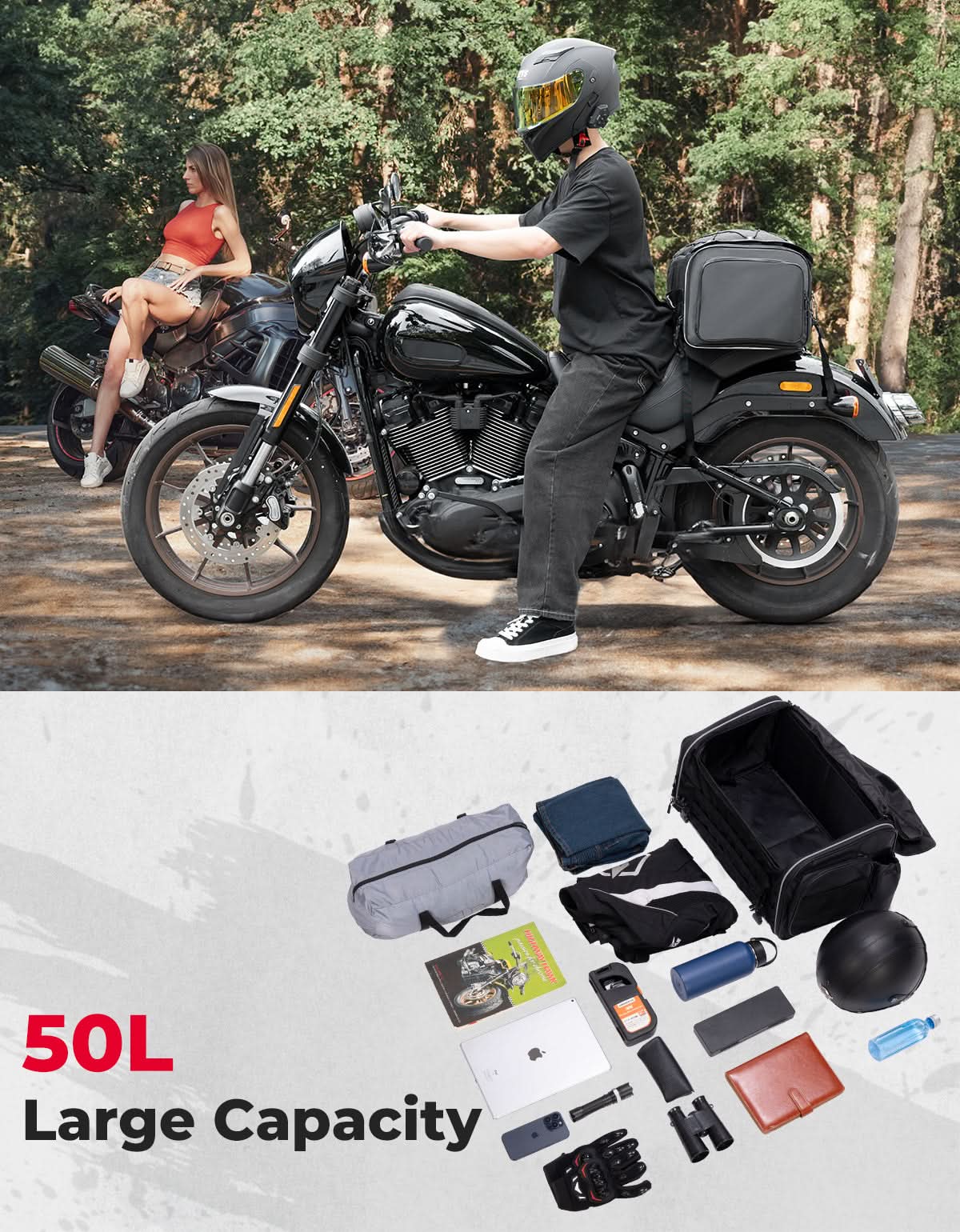 Motorcycle Tail Bag, 50L Expandable Helmet Bag Luggage Backpack - Image 6