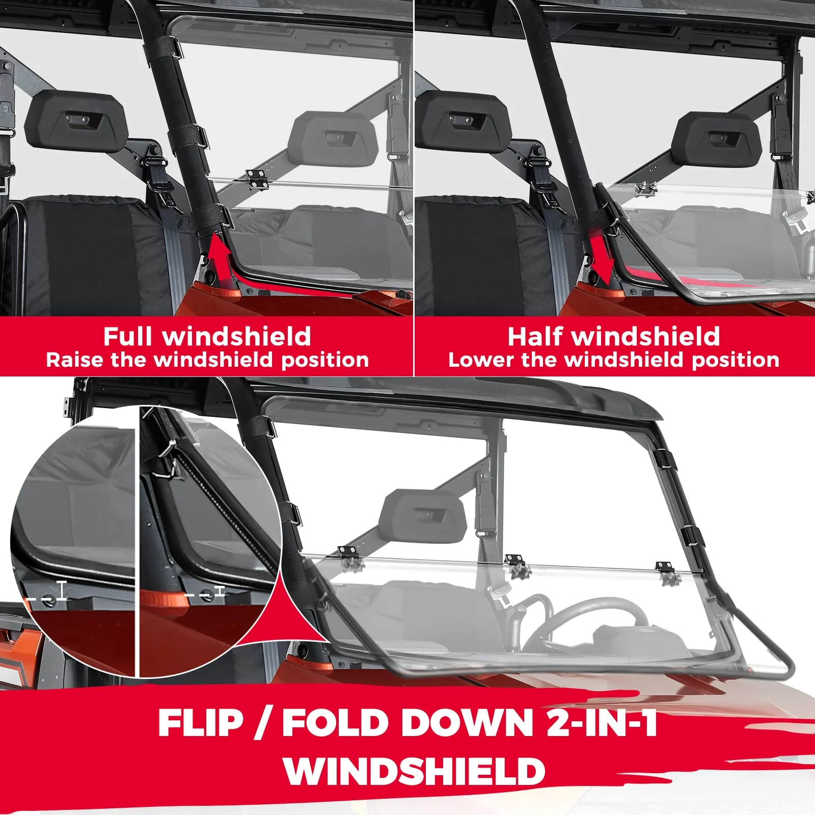 2-IN-1 Flip Up Windshield for Ranger 1000/XP 1000/Crew 2017-2026 - Image 3
