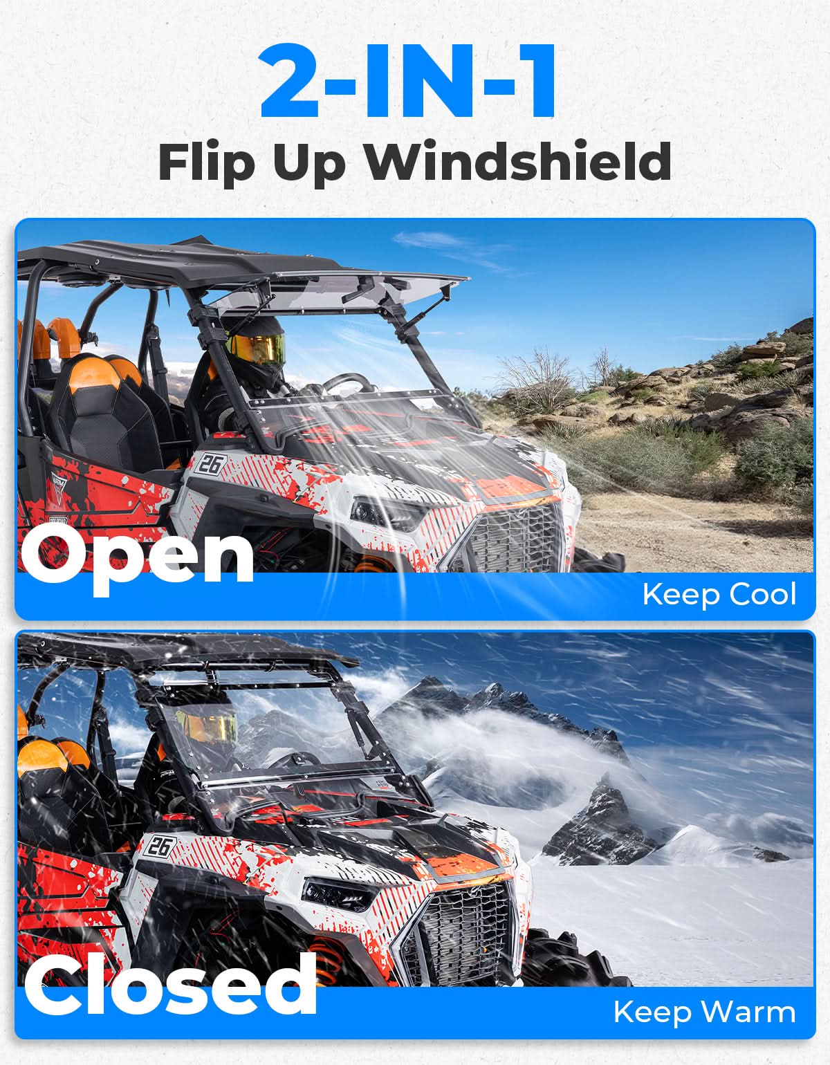 2-IN-1 Flip Up Windshield for 2019-2023 Polaris RZR XP 1000 /RZR XP Turbo 2 and 4 Seater - Image 7
