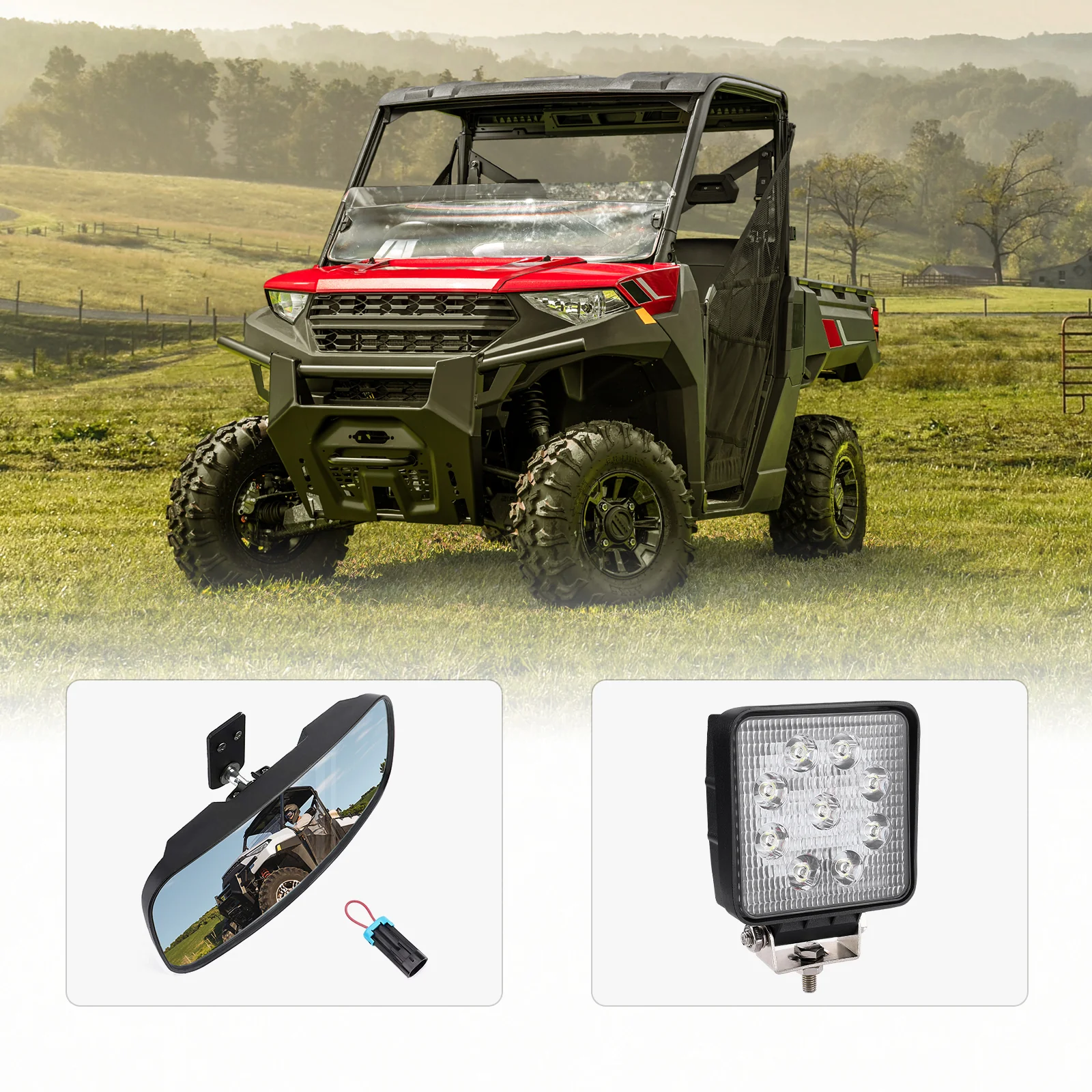 Rear View Mirror & 40MM Wafer Light for Polaris Ranger XP 1000 2018-2024 - Image 4