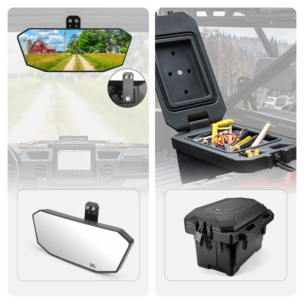 Rear View Mirror & 45L Waterproof Tool Box for Polaris Ranger - Image 4