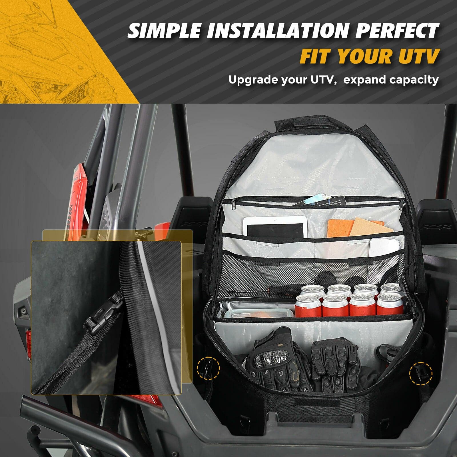 UTV Rear Storage Bag with Fixed Strap for Polaris RZR XP 1000/Turbo - Image 4