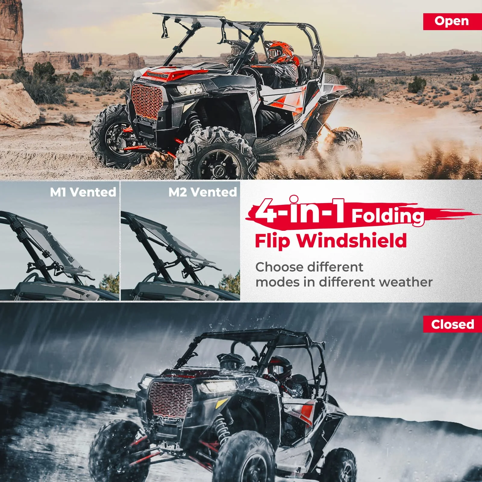 4-IN-1 Flip Windshield for RZR XP 1000/RZR 900/Trail S 900 - Image 2