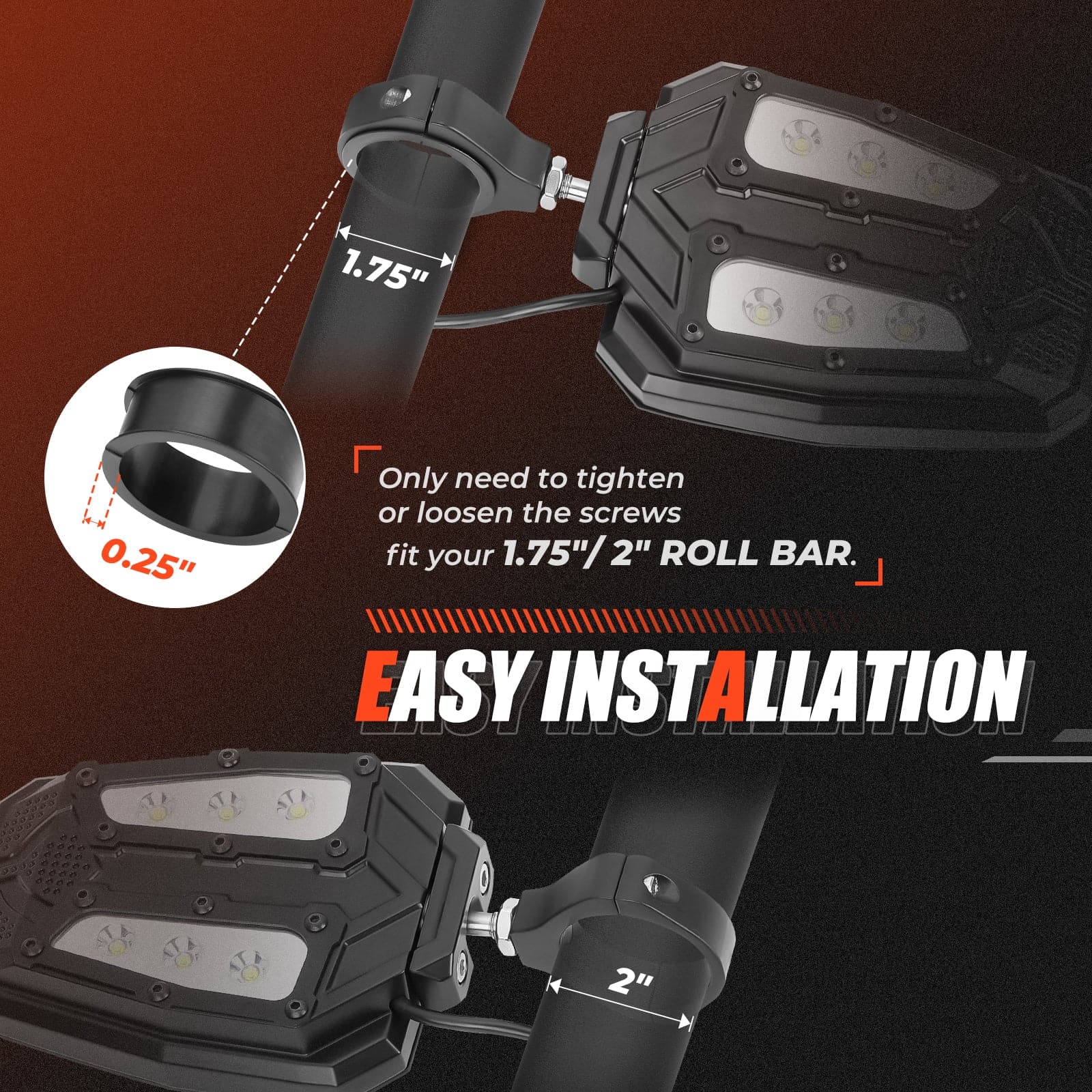 Universal 1.75"/2" Rear View Side Mirrors with LED Rock Light (1 pair) - Image 6