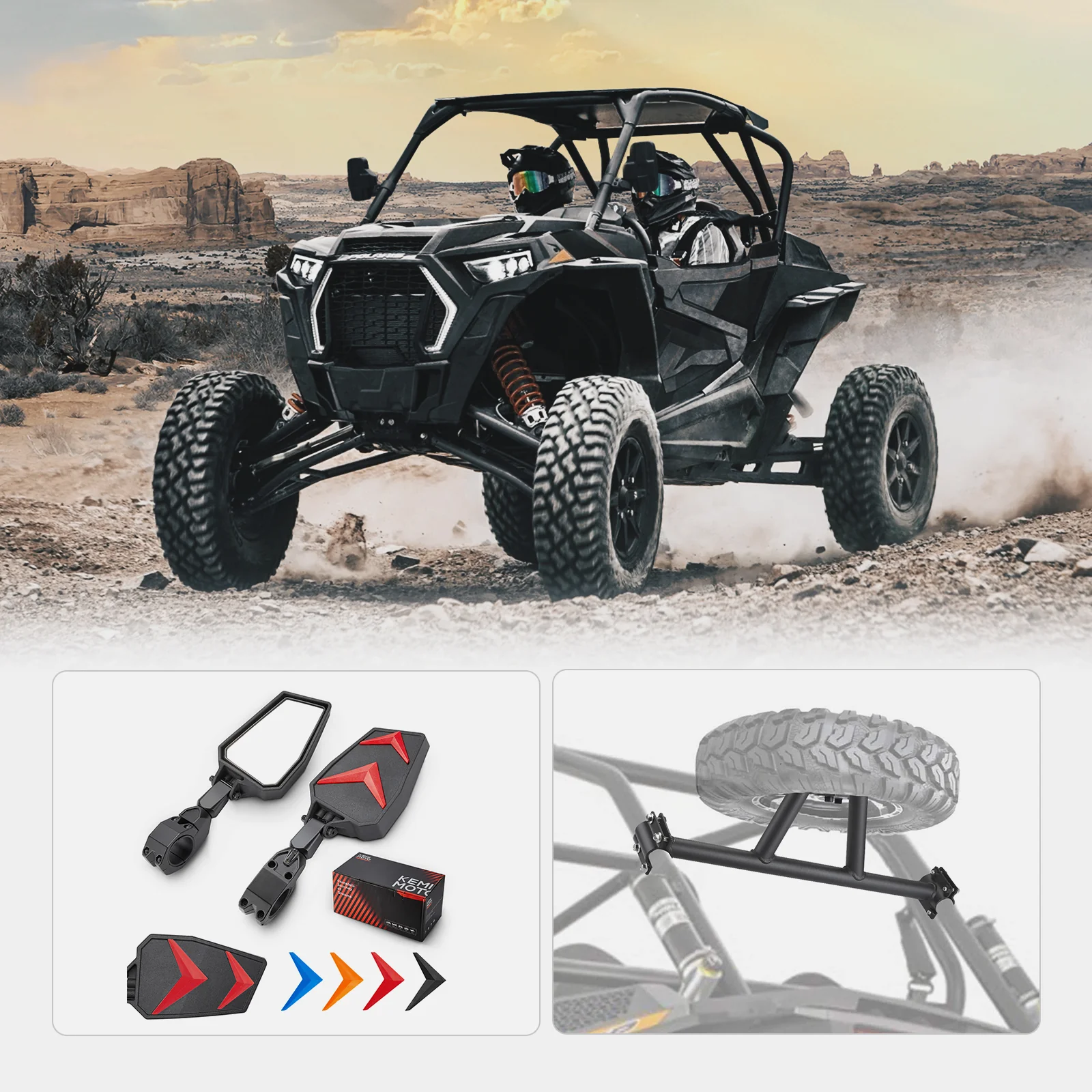 Side Rear View Mirrors and Spare Tire Carrier Mount Fit Polaris RZR Turbo - Image 4