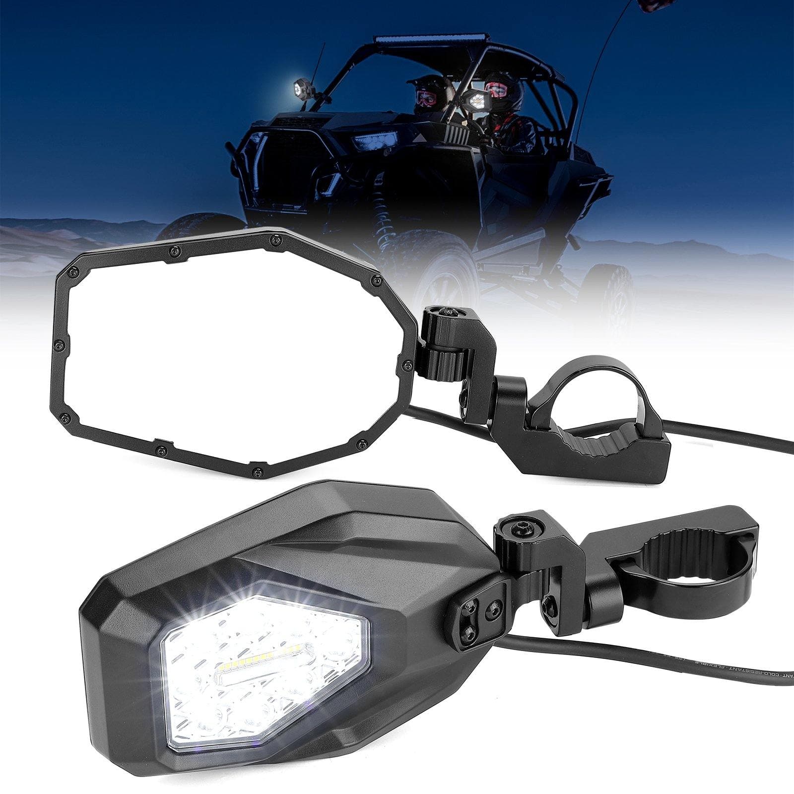 UTV 1.65"-2" Tube Rear View Mirror & UTV 1.6"-2" Tube LED Side Mirrors - Image 3